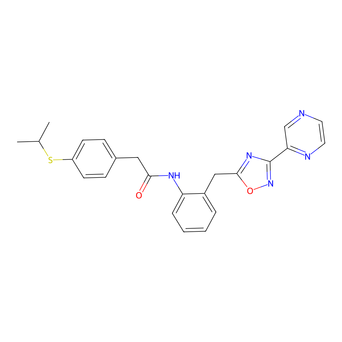 2-(4-(isopropylthio)phenyl)-N-(2-((3-(pyrazin-2-yl)-1,2,4-oxadiazol-5-yl)methyl)phenyl)acetamide molecular structure, CAS 2034535-59-4
