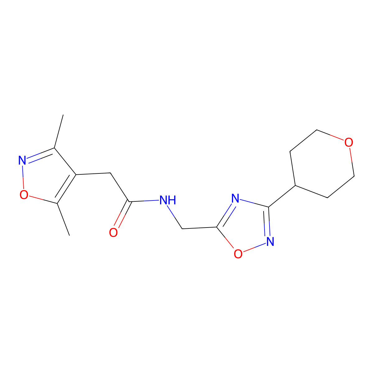 2-(3,5-dimethylisoxazol-4-yl)-N-((3-(tetrahydro-2H-pyran-4-yl)-1,2,4-oxadiazol-5-yl)methyl)acetamide molecular structure, CAS 2034535-61-8