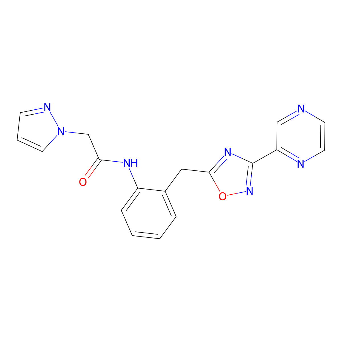 N-(2-((3-(pyrazin-2-yl)-1,2,4-oxadiazol-5-yl)methyl)phenyl)-2-(1H-pyrazol-1-yl)acetamide molecular structure, CAS 2034535-66-3