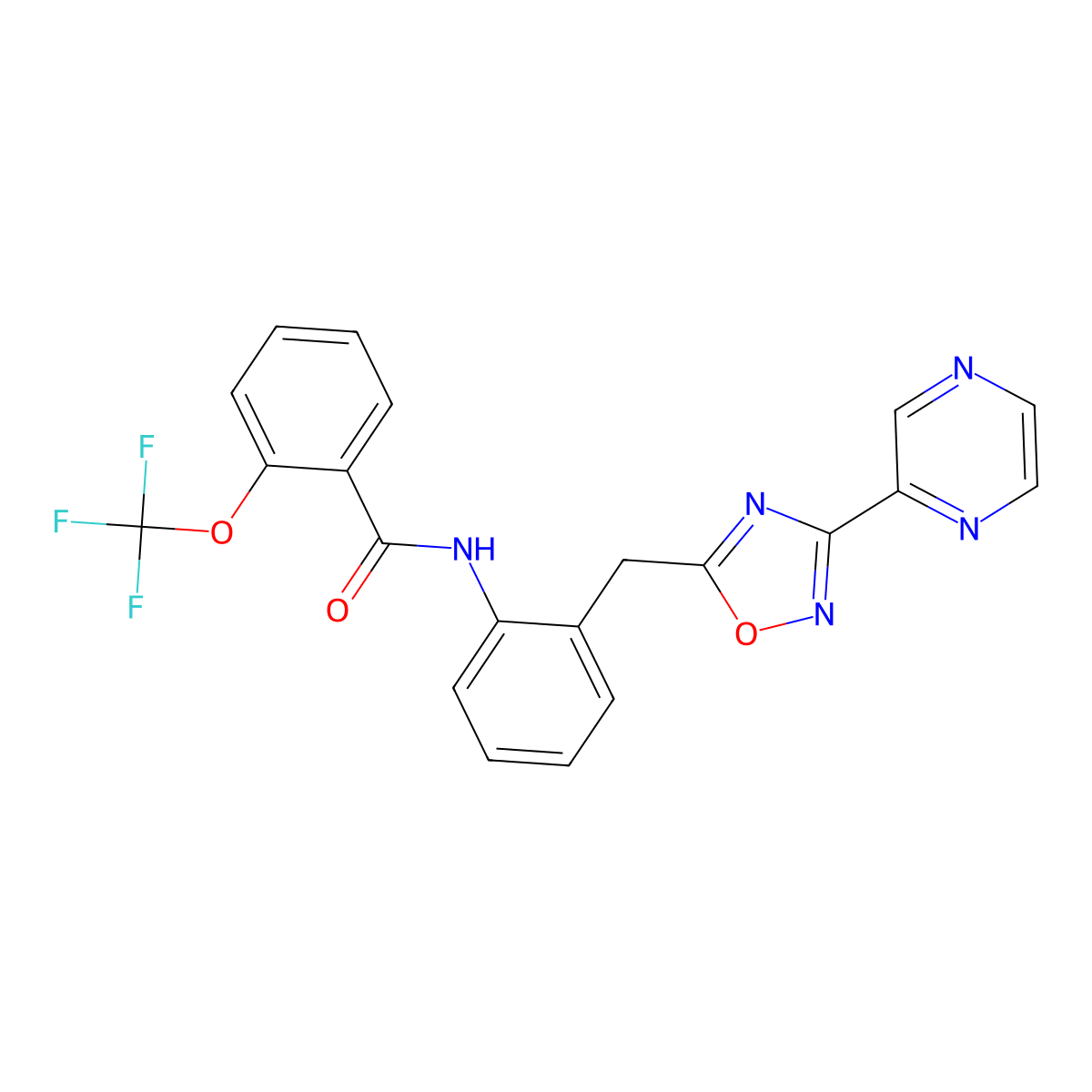 N-(2-((3-(pyrazin-2-yl)-1,2,4-oxadiazol-5-yl)methyl)phenyl)-2-(trifluoromethoxy)benzamide molecular structure, CAS 2034535-70-9