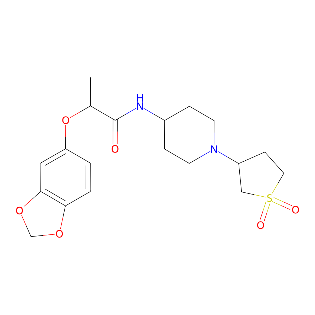 2-(benzo[d][1,3]dioxol-5-yloxy)-N-(1-(1,1-dioxidotetrahydrothiophen-3-yl)piperidin-4-yl)propanamide molecular structure, CAS 2034535-80-1