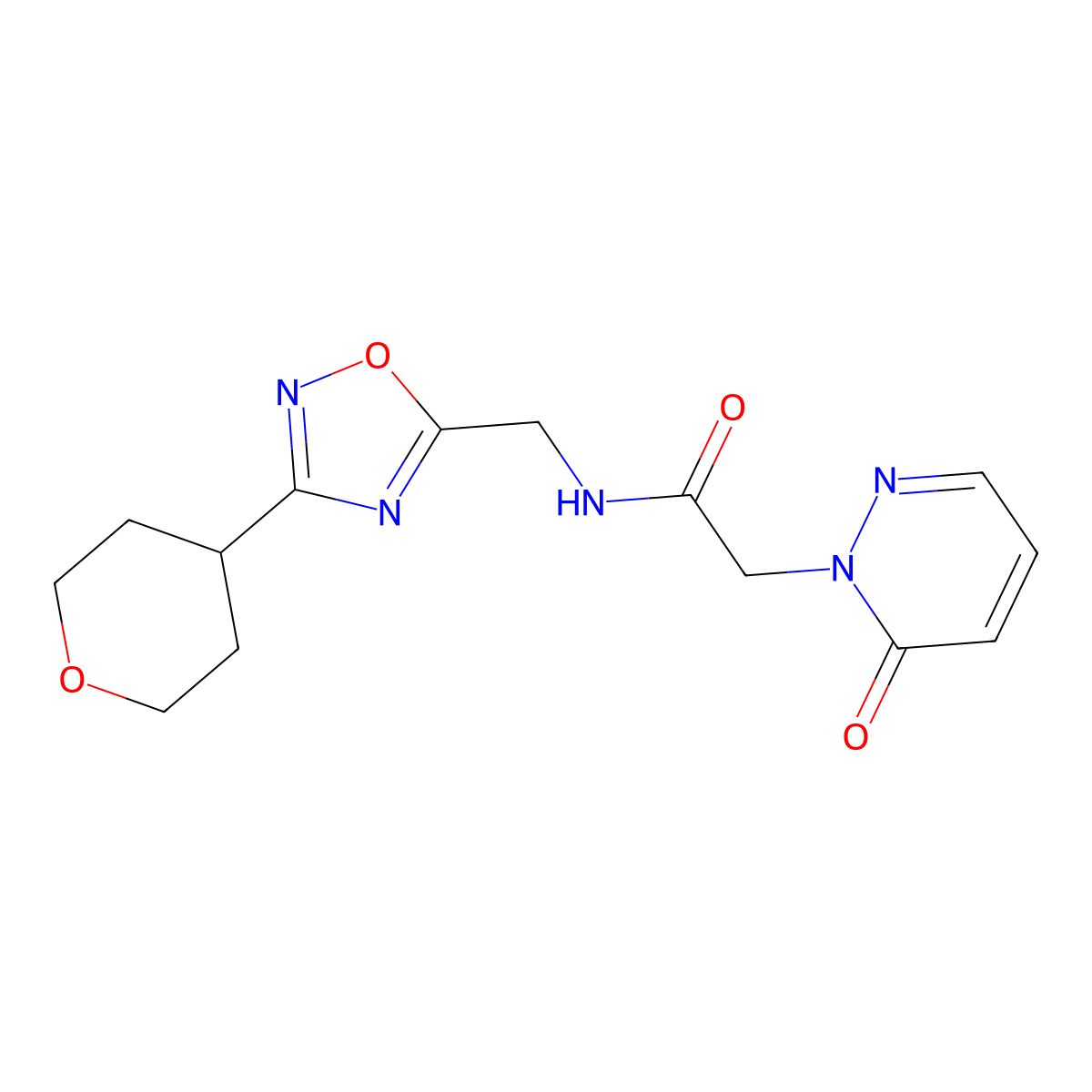 2-(6-oxopyridazin-1(6H)-yl)-N-((3-(tetrahydro-2H-pyran-4-yl)-1,2,4-oxadiazol-5-yl)methyl)acetamide molecular structure, CAS 2034535-85-6