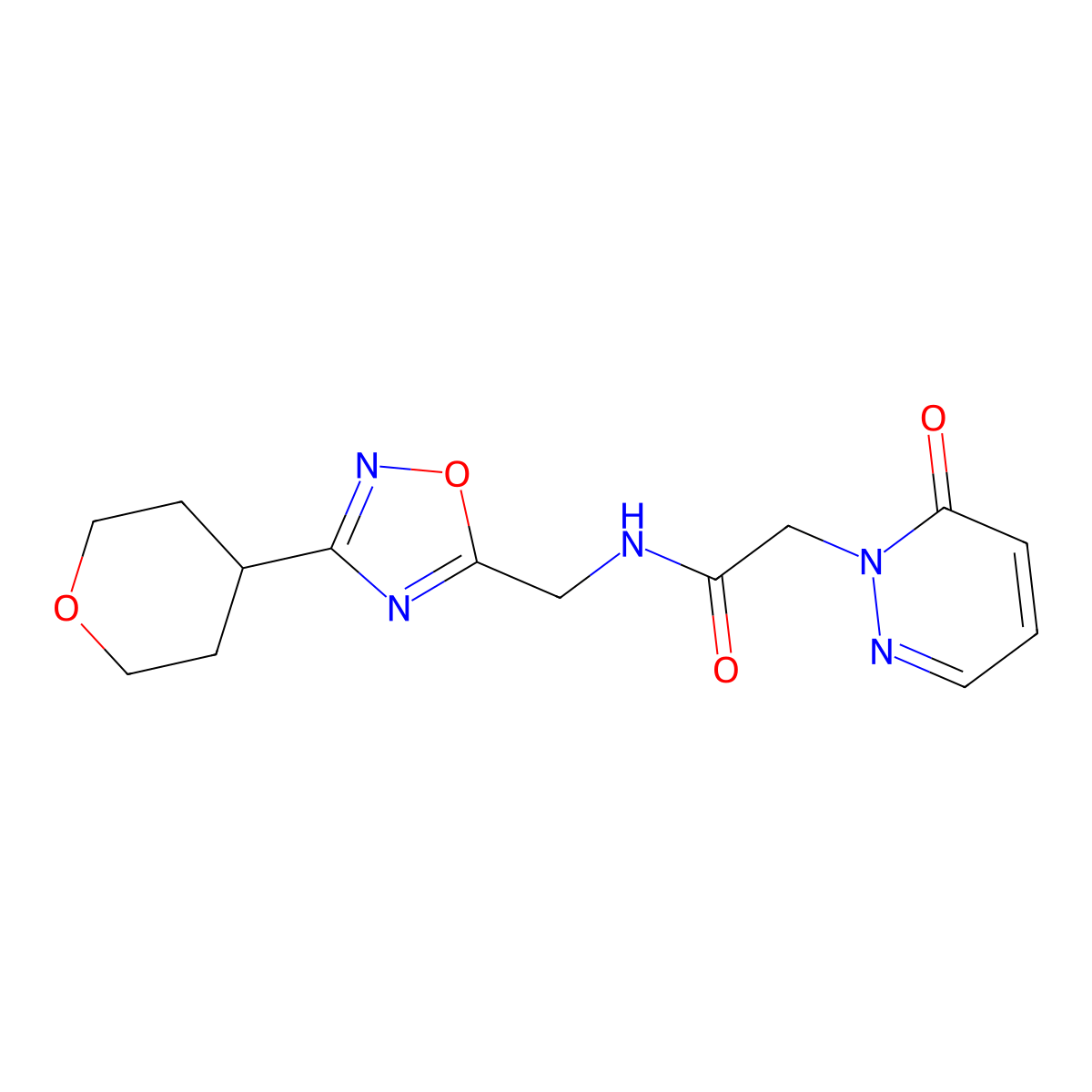 2-(6-oxopyridazin-1(6H)-yl)-N-((3-(tetrahydro-2H-pyran-4-yl)-1,2,4-oxadiazol-5-yl)methyl)acetamide molecular structure, CAS 2034535-85-6
