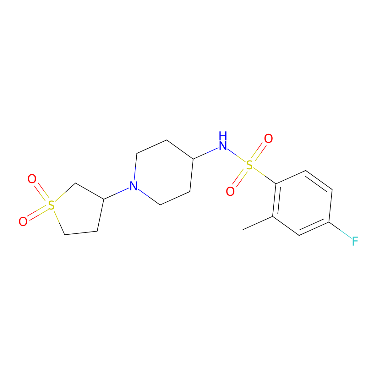 N-(1-(1,1-dioxidotetrahydrothiophen-3-yl)piperidin-4-yl)-4-fluoro-2-methylbenzenesulfonamide molecular structure, CAS 2034535-87-8