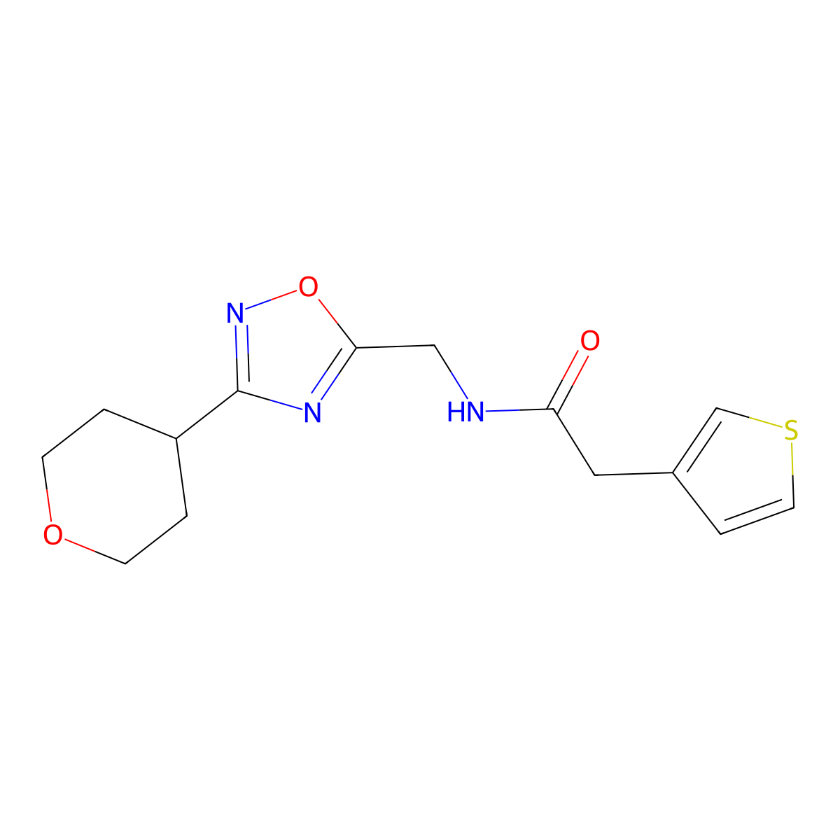N-((3-(tetrahydro-2H-pyran-4-yl)-1,2,4-oxadiazol-5-yl)methyl)-2-(thiophen-3-yl)acetamide molecular structure, CAS 2034535-88-9