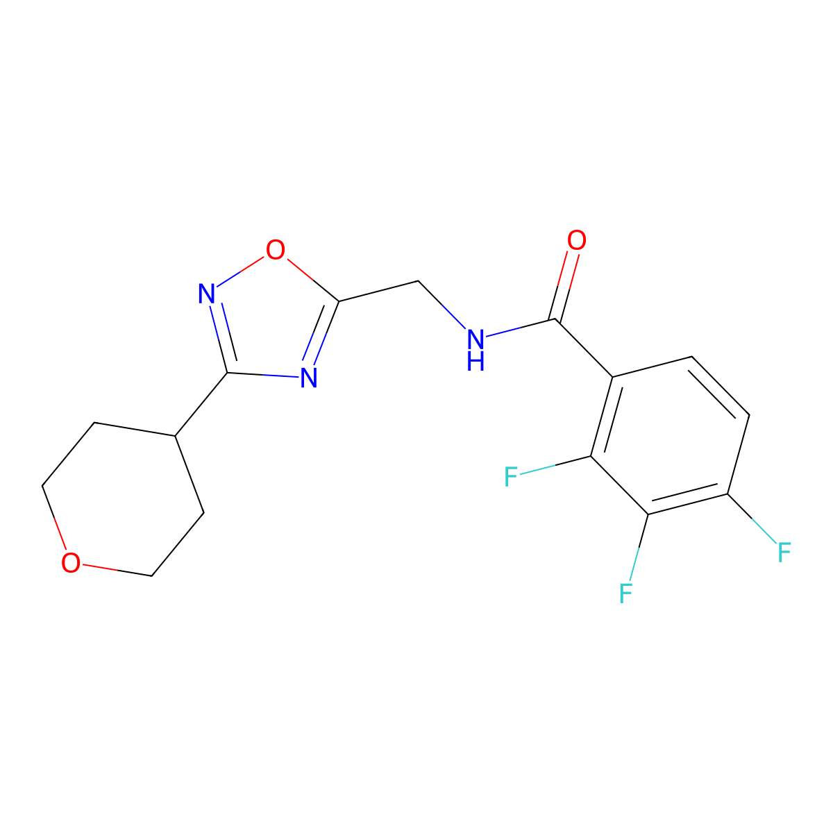2,3,4-trifluoro-N-((3-(tetrahydro-2H-pyran-4-yl)-1,2,4-oxadiazol-5-yl)methyl)benzamide molecular structure, CAS 2034535-92-5
