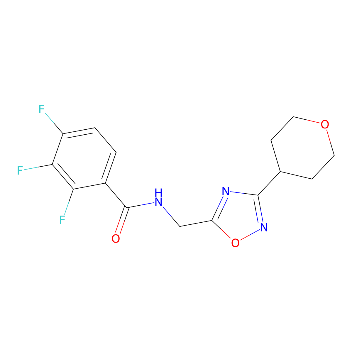 2,3,4-trifluoro-N-((3-(tetrahydro-2H-pyran-4-yl)-1,2,4-oxadiazol-5-yl)methyl)benzamide molecular structure, CAS 2034535-92-5