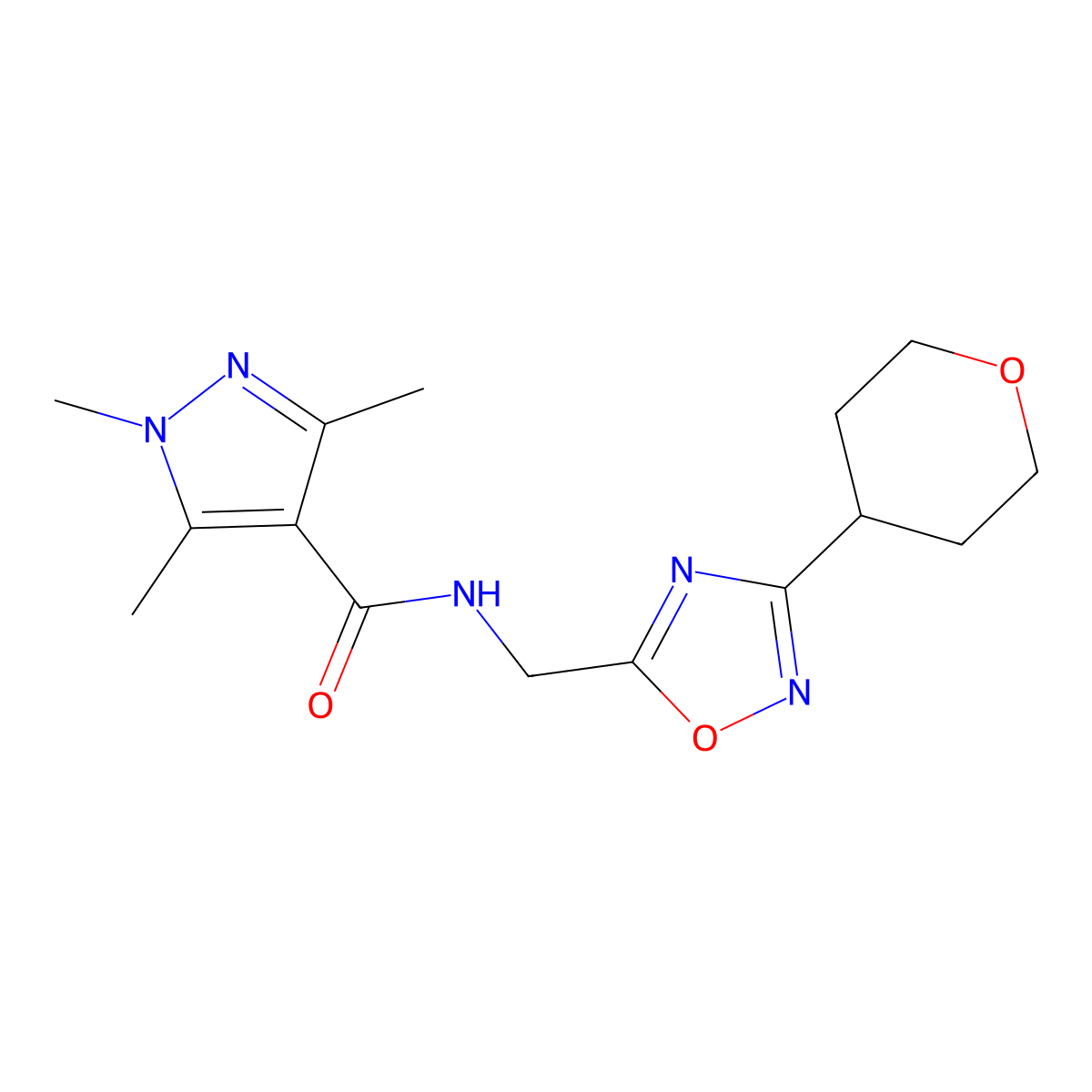 1,3,5-trimethyl-N-((3-(tetrahydro-2H-pyran-4-yl)-1,2,4-oxadiazol-5-yl)methyl)-1H-pyrazole-4-carboxamide molecular structure, CAS 2034536-00-8