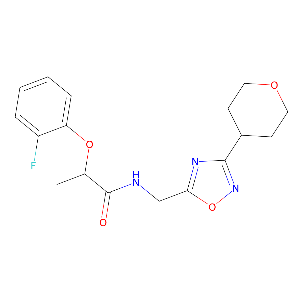 2-(2-fluorophenoxy)-N-((3-(tetrahydro-2H-pyran-4-yl)-1,2,4-oxadiazol-5-yl)methyl)propanamide molecular structure, CAS 2034536-05-3