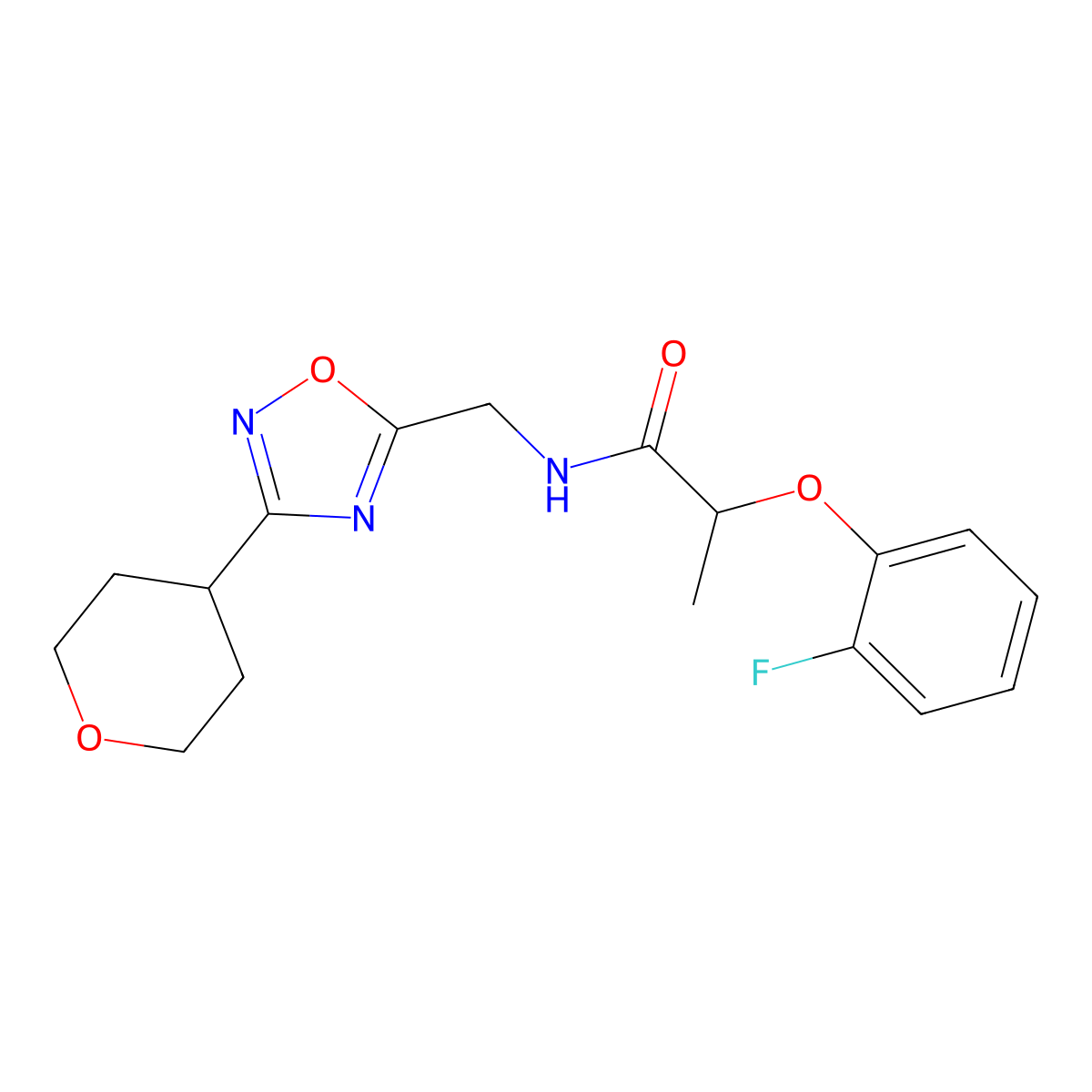 2-(2-fluorophenoxy)-N-((3-(tetrahydro-2H-pyran-4-yl)-1,2,4-oxadiazol-5-yl)methyl)propanamide molecular structure, CAS 2034536-05-3