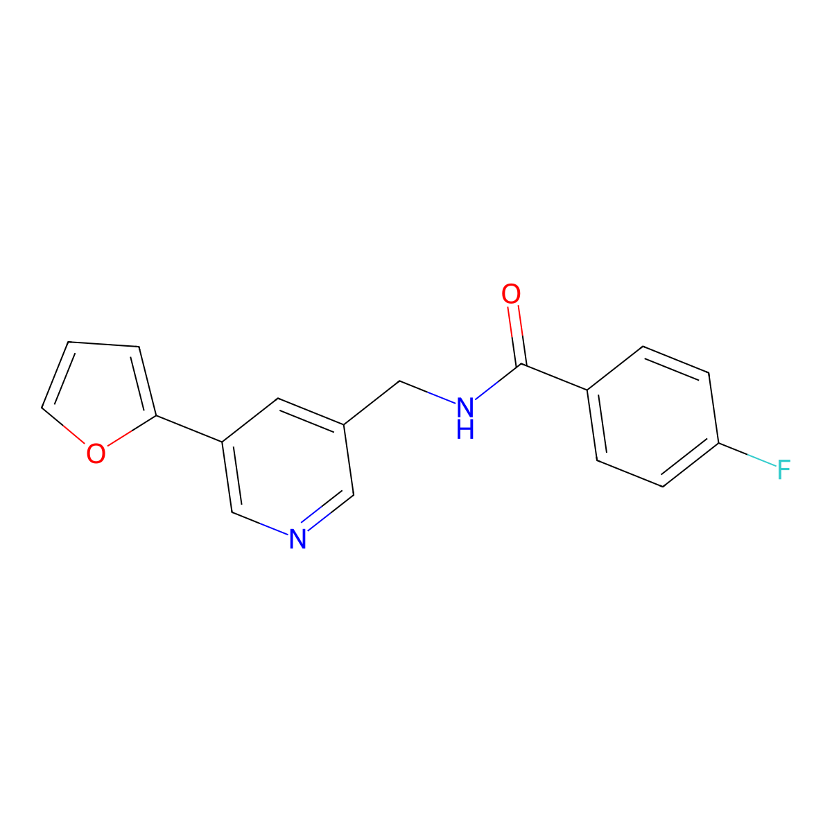 4-fluoro-N-((5-(furan-2-yl)pyridin-3-yl)methyl)benzamide molecular structure, CAS 2034536-10-0