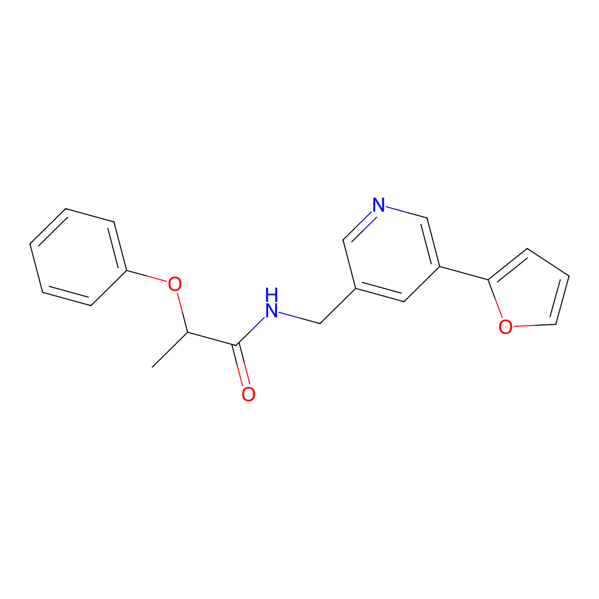 N-((5-(furan-2-yl)pyridin-3-yl)methyl)-2-phenoxypropanamide molecular structure, CAS 2034536-25-7