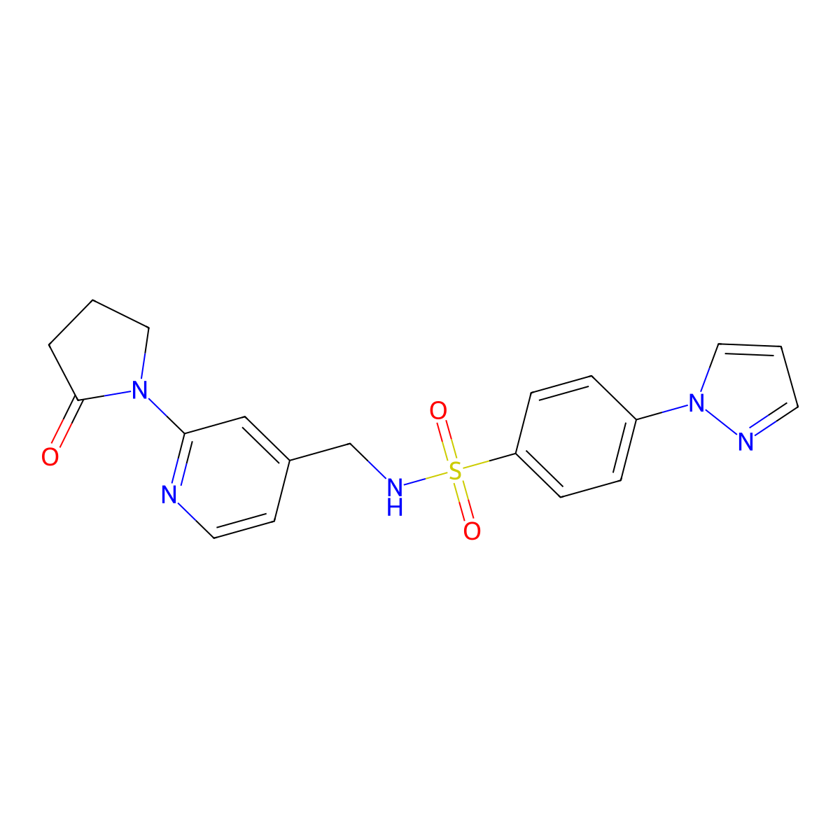 N-((2-(2-oxopyrrolidin-1-yl)pyridin-4-yl)methyl)-4-(1H-pyrazol-1-yl)benzenesulfonamide molecular structure, CAS 2034536-40-6