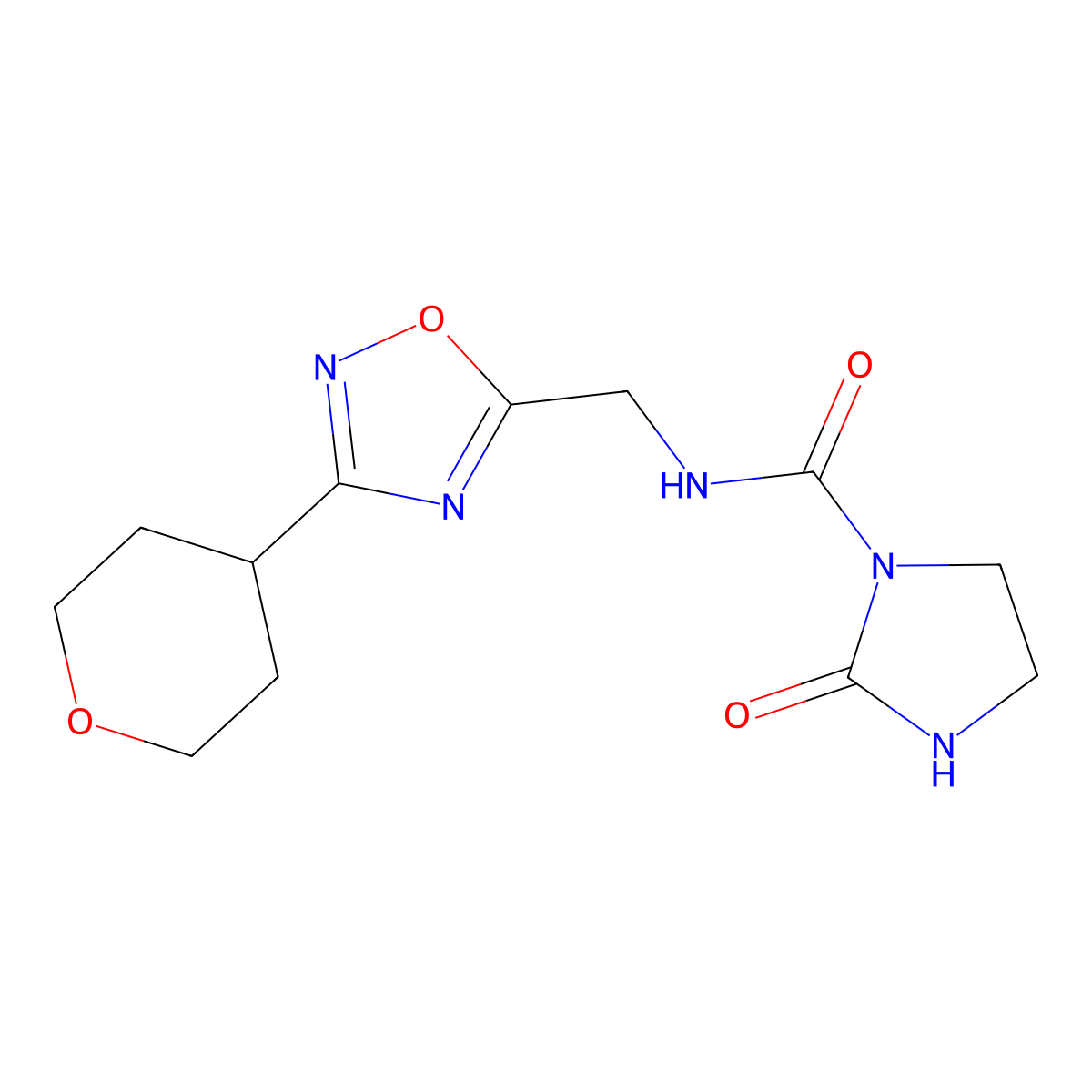 2-oxo-N-((3-(tetrahydro-2H-pyran-4-yl)-1,2,4-oxadiazol-5-yl)methyl)imidazolidine-1-carboxamide molecular structure, CAS 2034536-45-1
