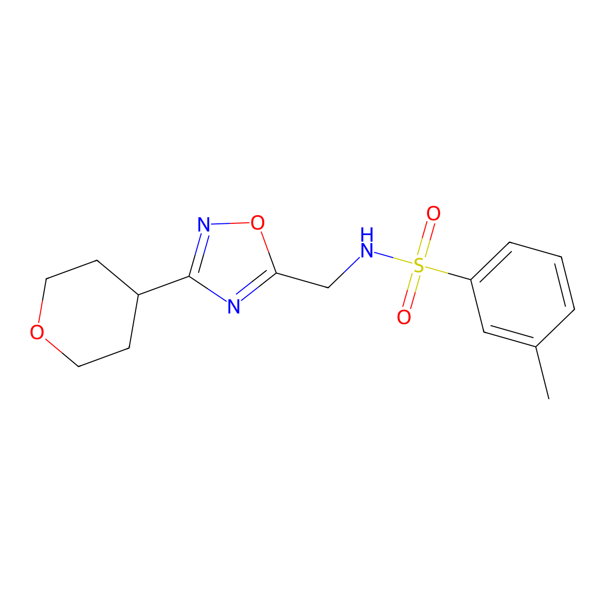 3-methyl-N-((3-(tetrahydro-2H-pyran-4-yl)-1,2,4-oxadiazol-5-yl)methyl)benzenesulfonamide molecular structure, CAS 2034536-60-0