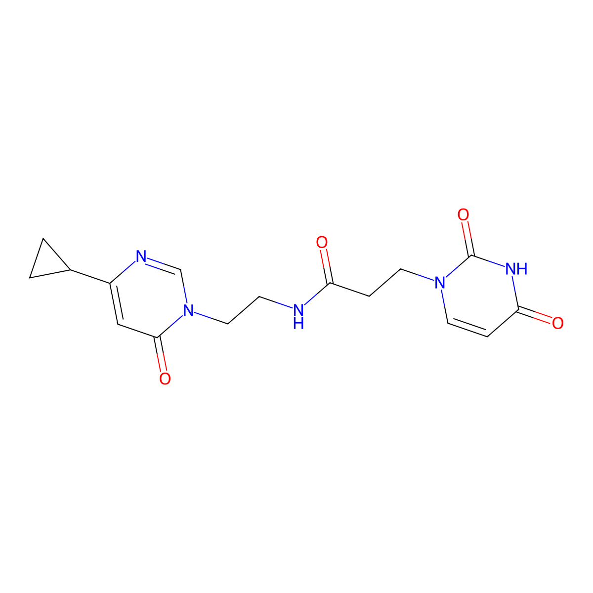 N-(2-(4-cyclopropyl-6-oxopyrimidin-1(6H)-yl)ethyl)-3-(2,4-dioxo-3,4-dihydropyrimidin-1(2H)-yl)propanamide molecular structure, CAS 2034536-63-3
