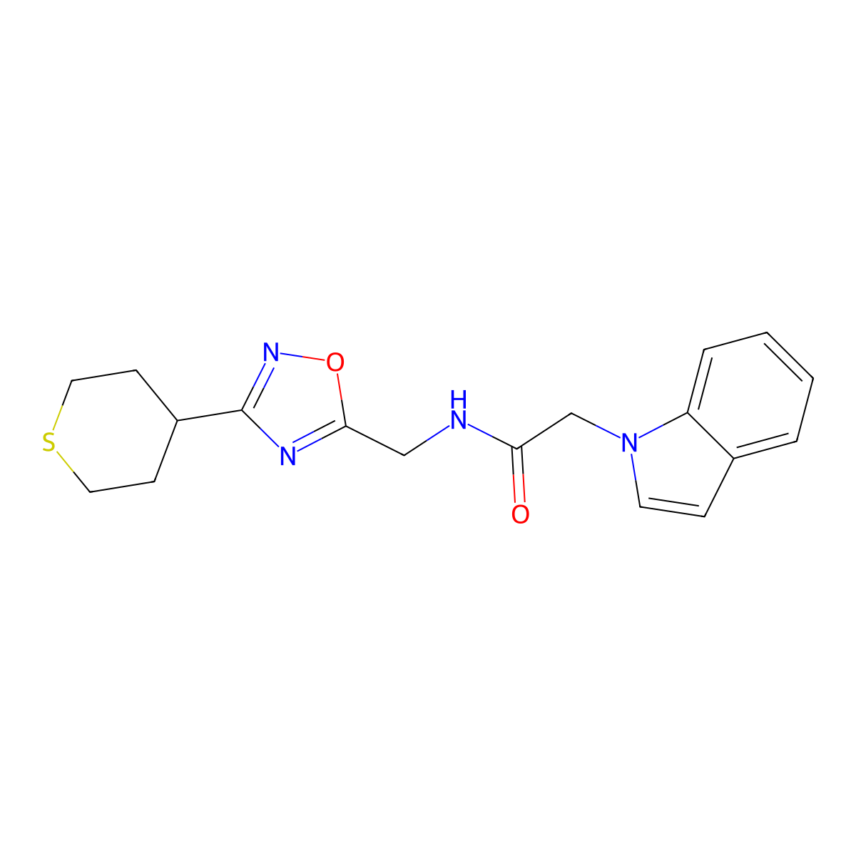 2-(1H-indol-1-yl)-N-{[3-(thian-4-yl)-1,2,4-oxadiazol-5-yl]methyl}acetamide molecular structure, CAS 2034536-65-5