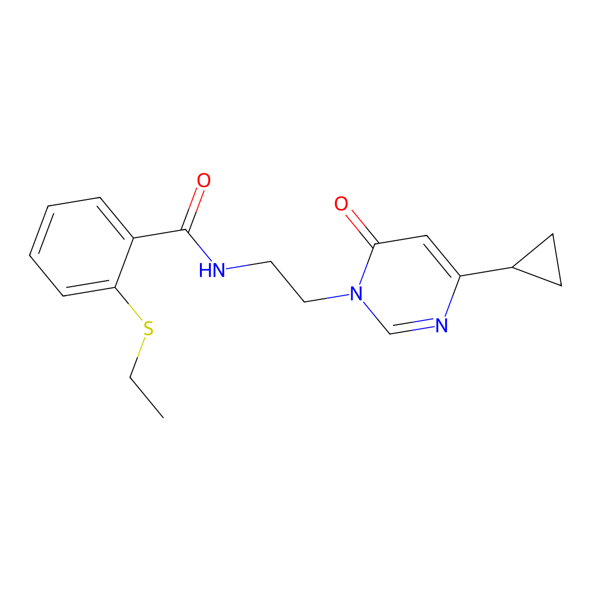 N-(2-(4-cyclopropyl-6-oxopyrimidin-1(6H)-yl)ethyl)-2-(ethylthio)benzamide molecular structure, CAS 2034536-71-3