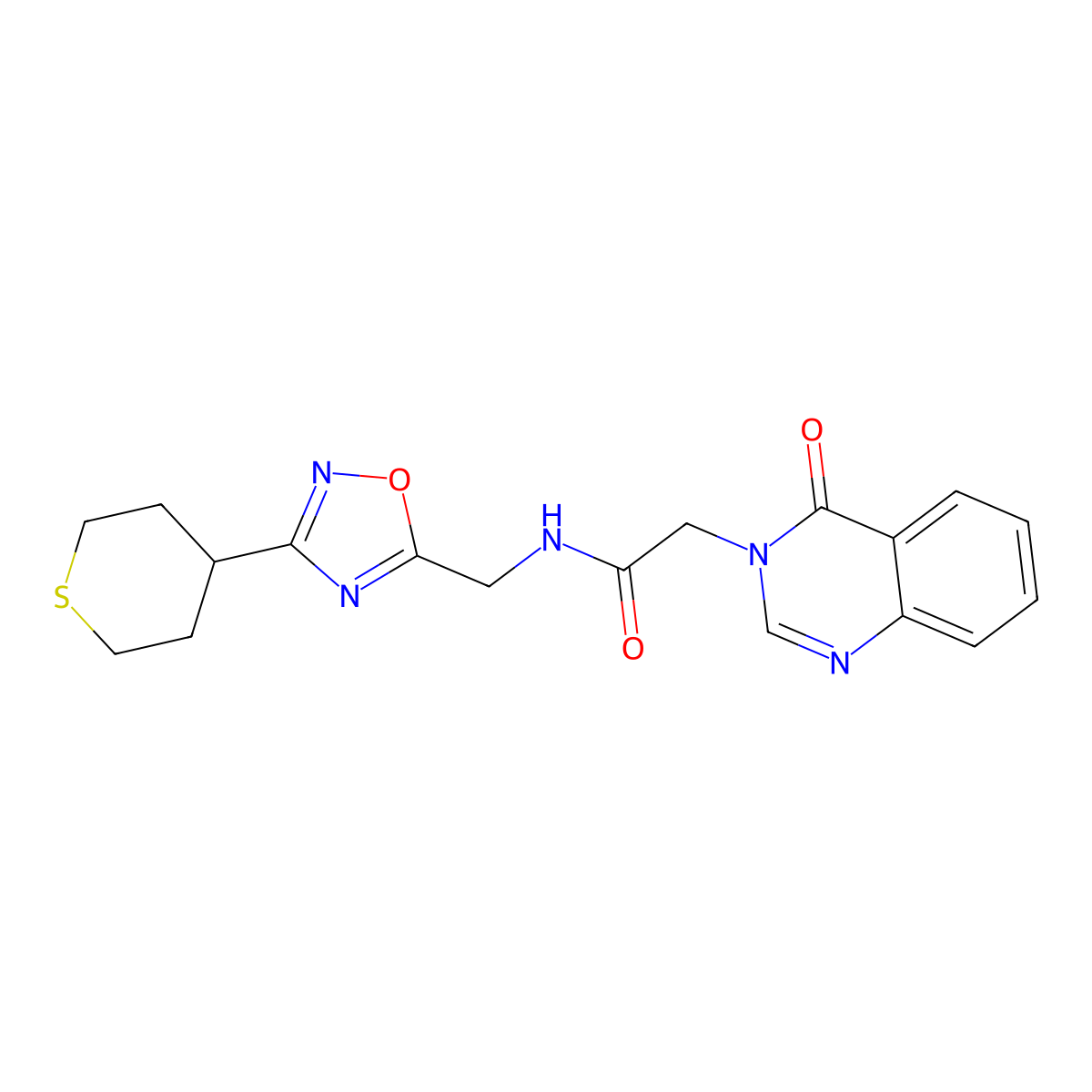 2-(4-oxoquinazolin-3(4H)-yl)-N-((3-(tetrahydro-2H-thiopyran-4-yl)-1,2,4-oxadiazol-5-yl)methyl)acetamide molecular structure, CAS 2034536-72-4