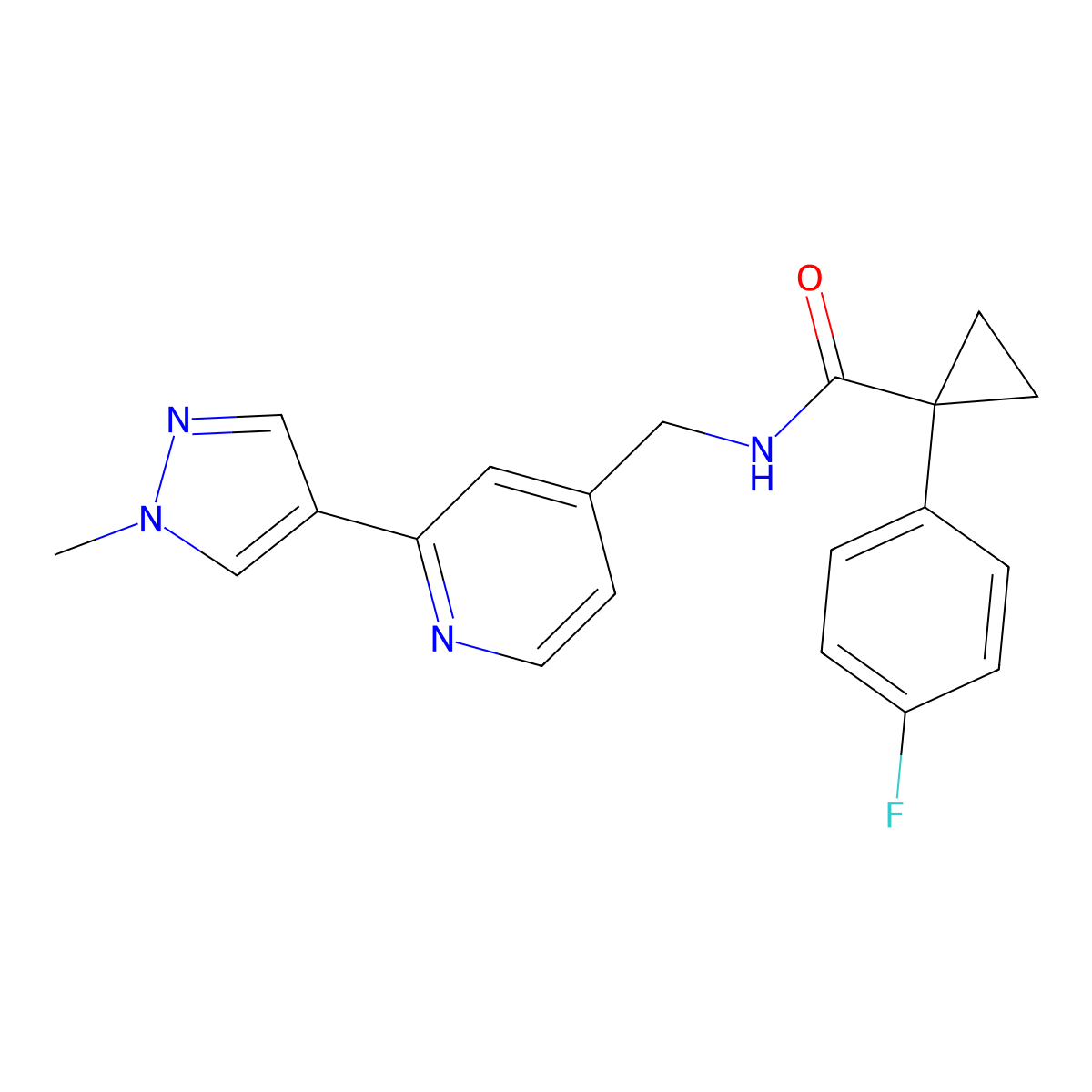 1-(4-fluorophenyl)-N-((2-(1-methyl-1H-pyrazol-4-yl)pyridin-4-yl)methyl)cyclopropanecarboxamide molecular structure, CAS 2034536-74-6