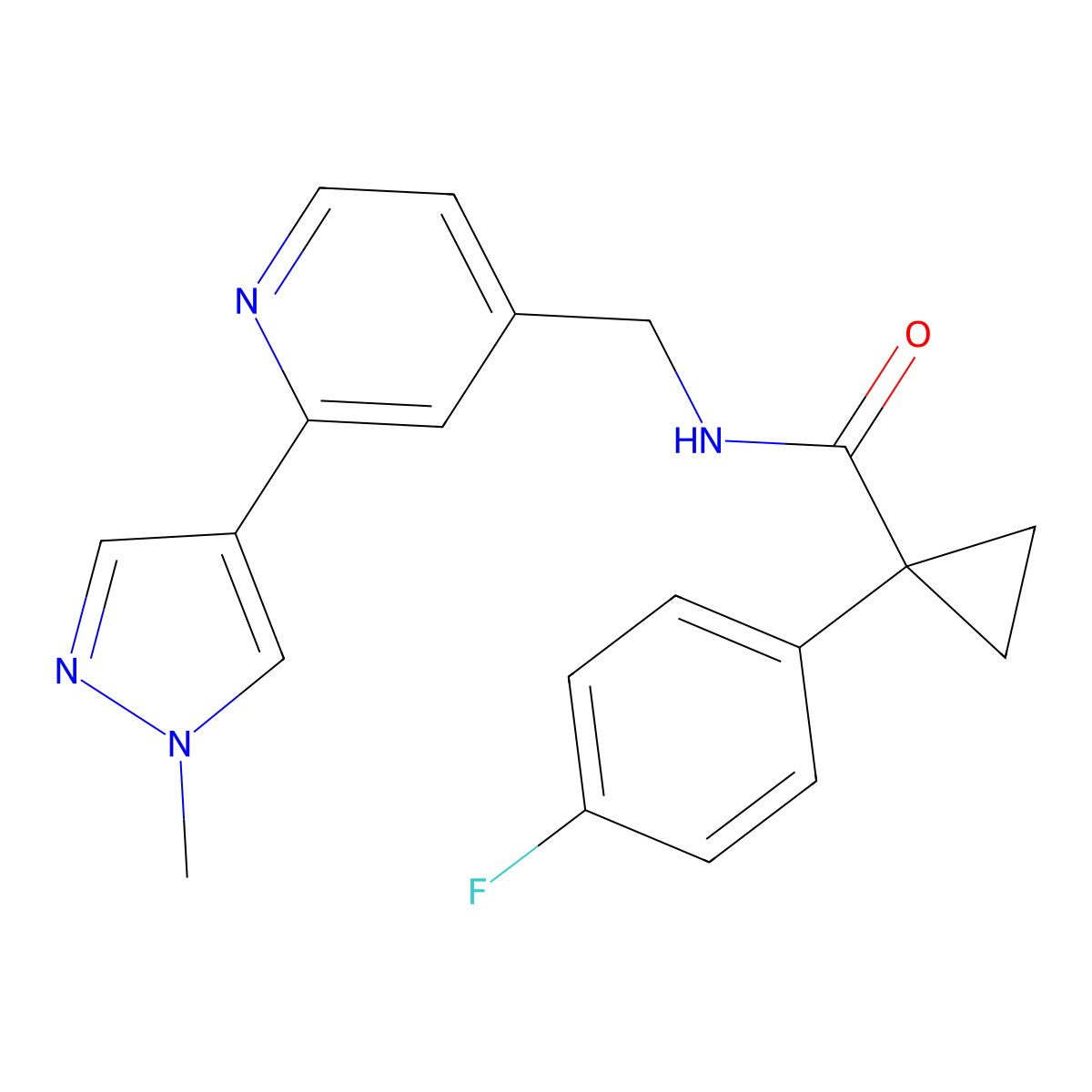1-(4-fluorophenyl)-N-((2-(1-methyl-1H-pyrazol-4-yl)pyridin-4-yl)methyl)cyclopropanecarboxamide molecular structure, CAS 2034536-74-6