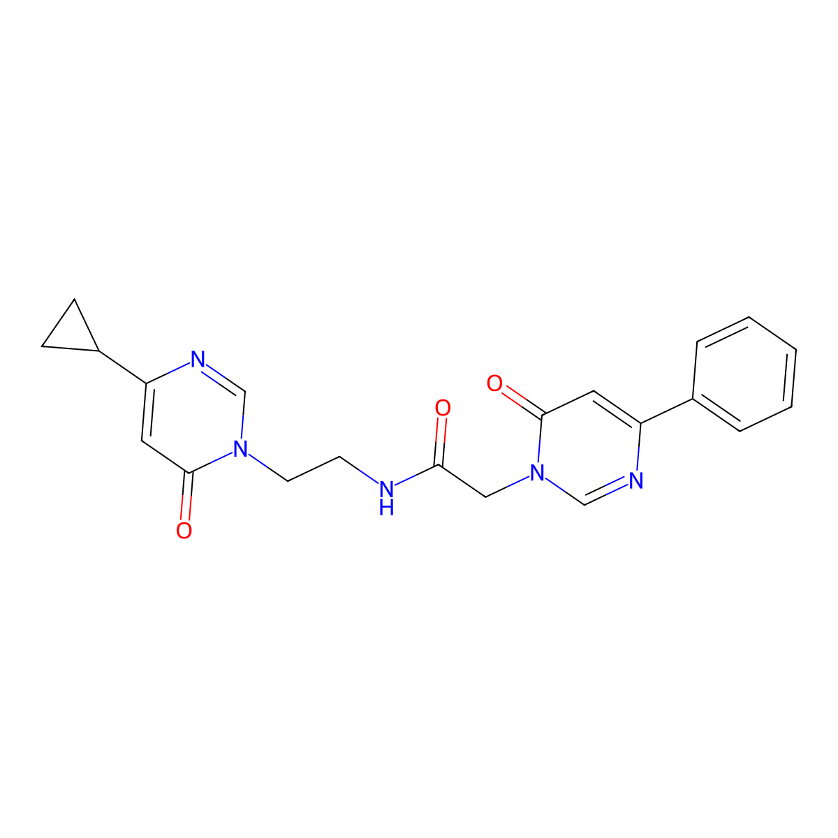 N-(2-(4-cyclopropyl-6-oxopyrimidin-1(6H)-yl)ethyl)-2-(6-oxo-4-phenylpyrimidin-1(6H)-yl)acetamide molecular structure, CAS 2034536-76-8
