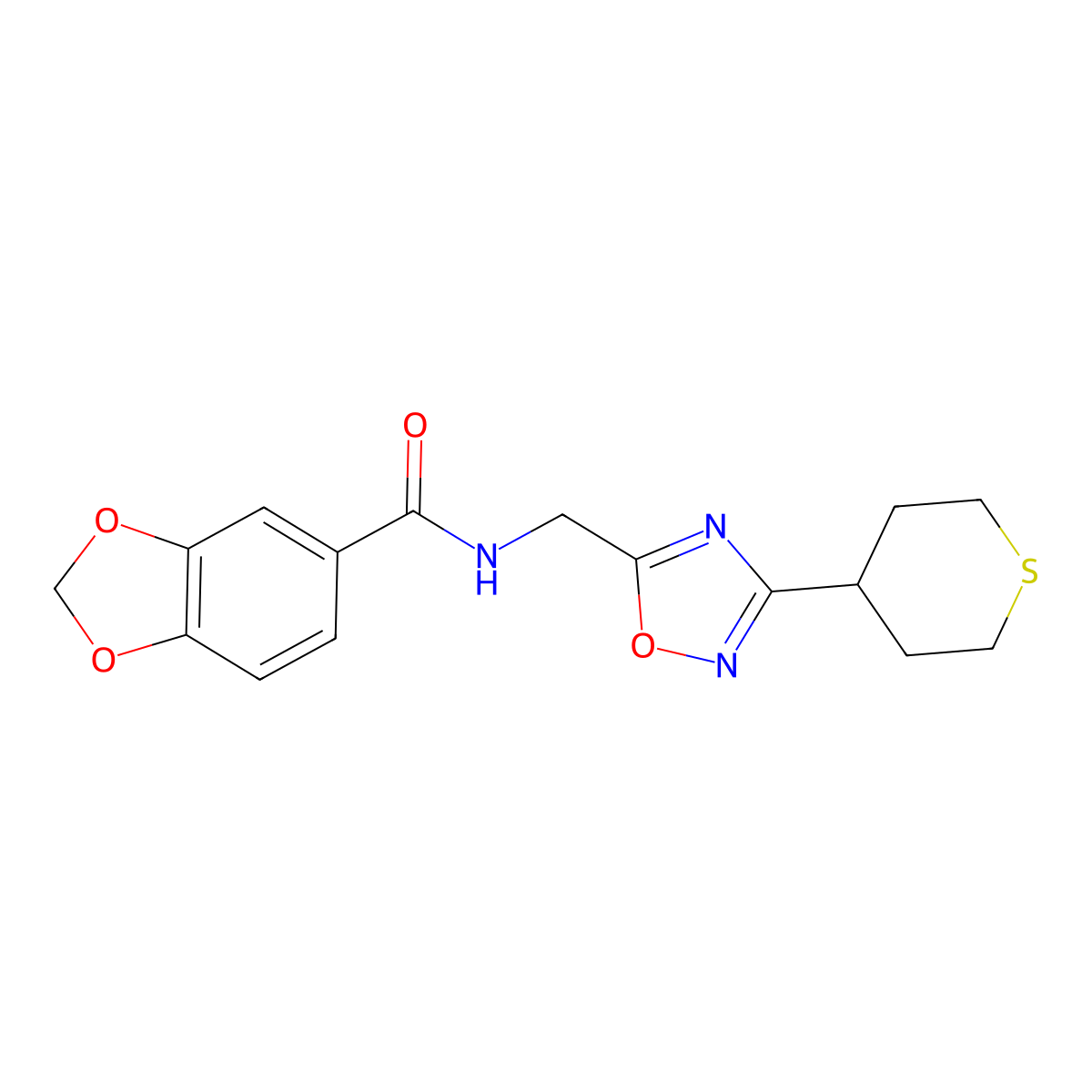 N-((3-(tetrahydro-2H-thiopyran-4-yl)-1,2,4-oxadiazol-5-yl)methyl)benzo[d][1,3]dioxole-5-carboxamide molecular structure, CAS 2034536-83-7