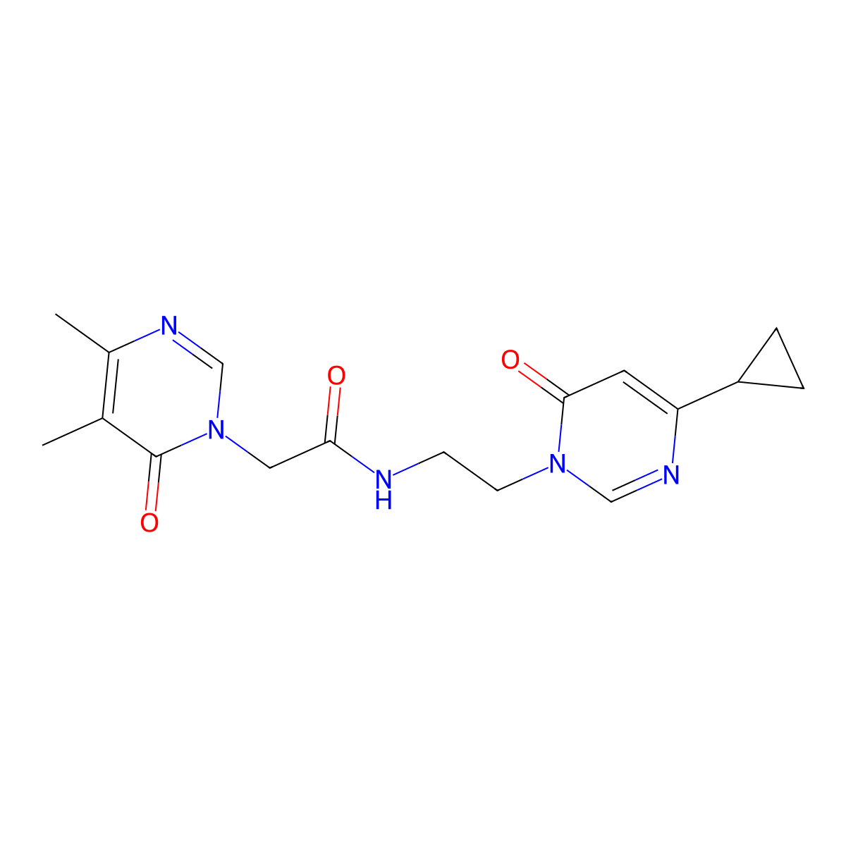 N-(2-(4-cyclopropyl-6-oxopyrimidin-1(6H)-yl)ethyl)-2-(4,5-dimethyl-6-oxopyrimidin-1(6H)-yl)acetamide molecular structure, CAS 2034536-86-0