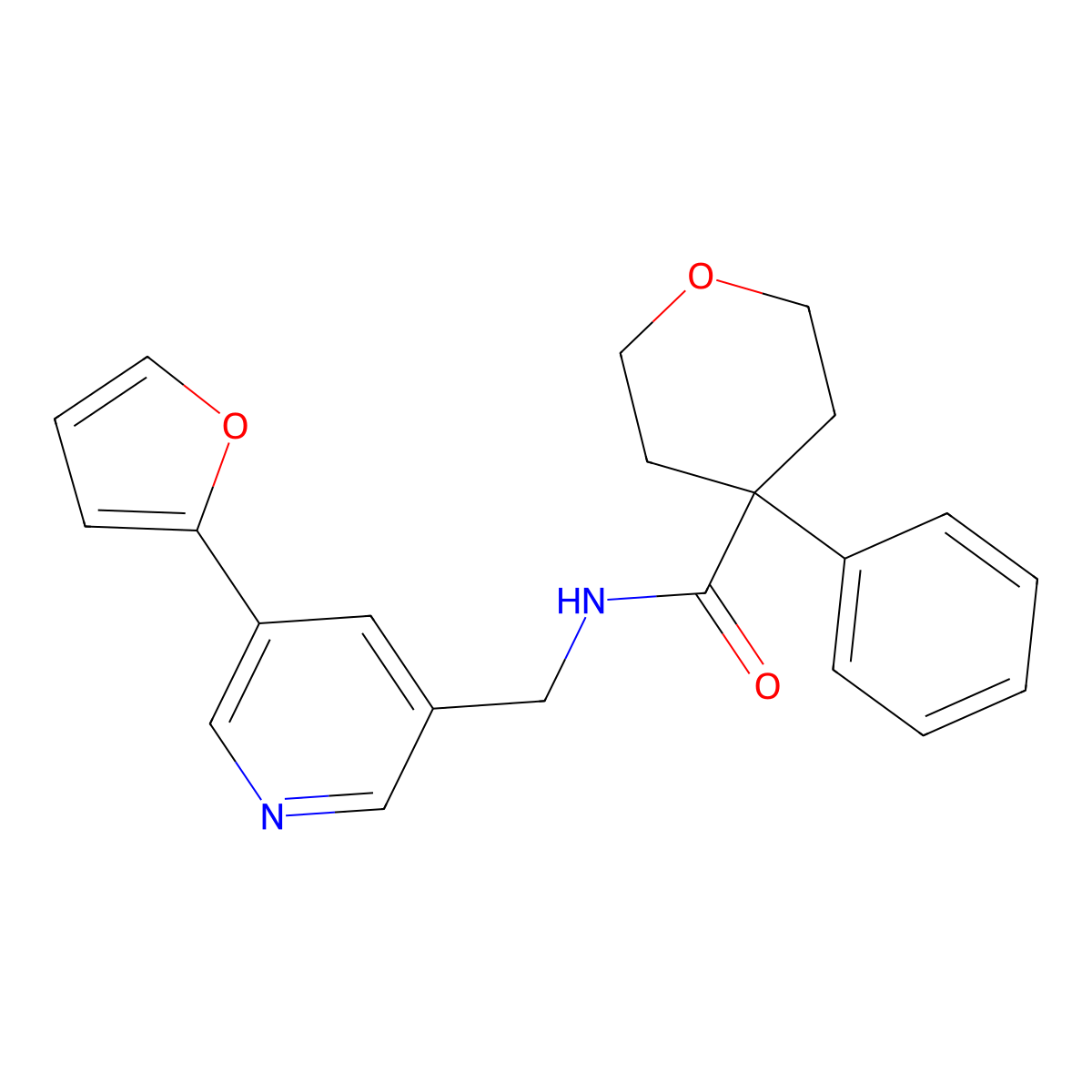 N-((5-(furan-2-yl)pyridin-3-yl)methyl)-4-phenyltetrahydro-2H-pyran-4-carboxamide molecular structure, CAS 2034536-88-2