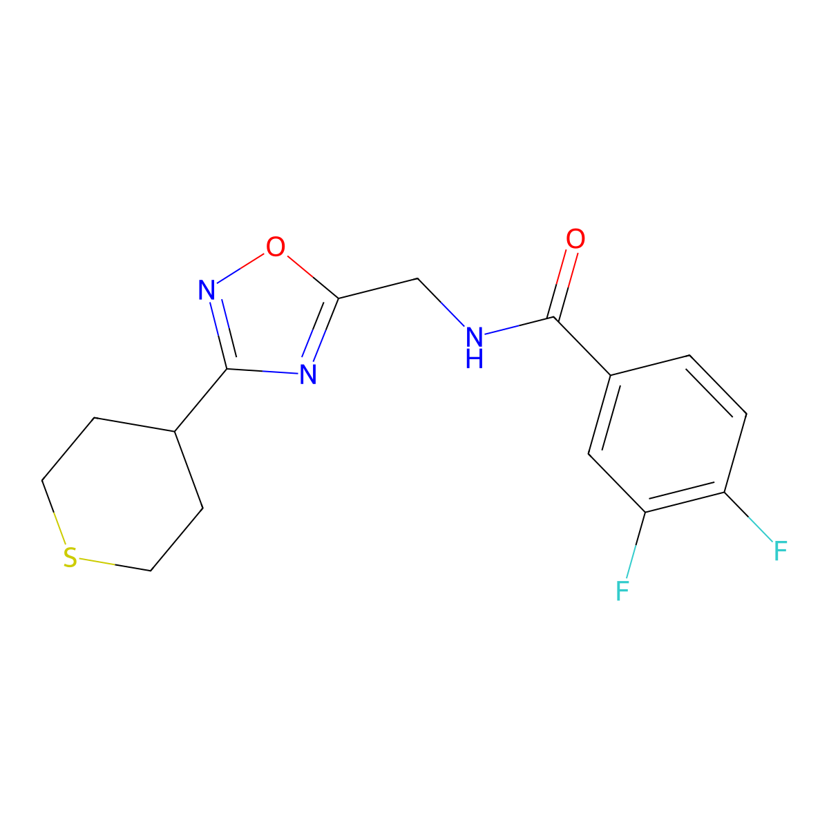 3,4-difluoro-N-((3-(tetrahydro-2H-thiopyran-4-yl)-1,2,4-oxadiazol-5-yl)methyl)benzamide molecular structure, CAS 2034536-91-7