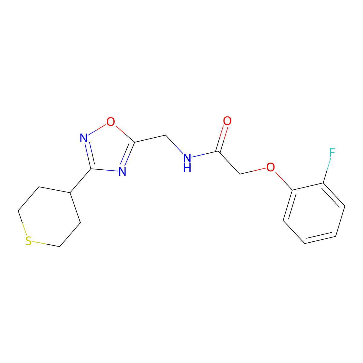 2-(2-fluorophenoxy)-N-((3-(tetrahydro-2H-thiopyran-4-yl)-1,2,4-oxadiazol-5-yl)methyl)acetamide molecular structure, CAS 2034536-94-0