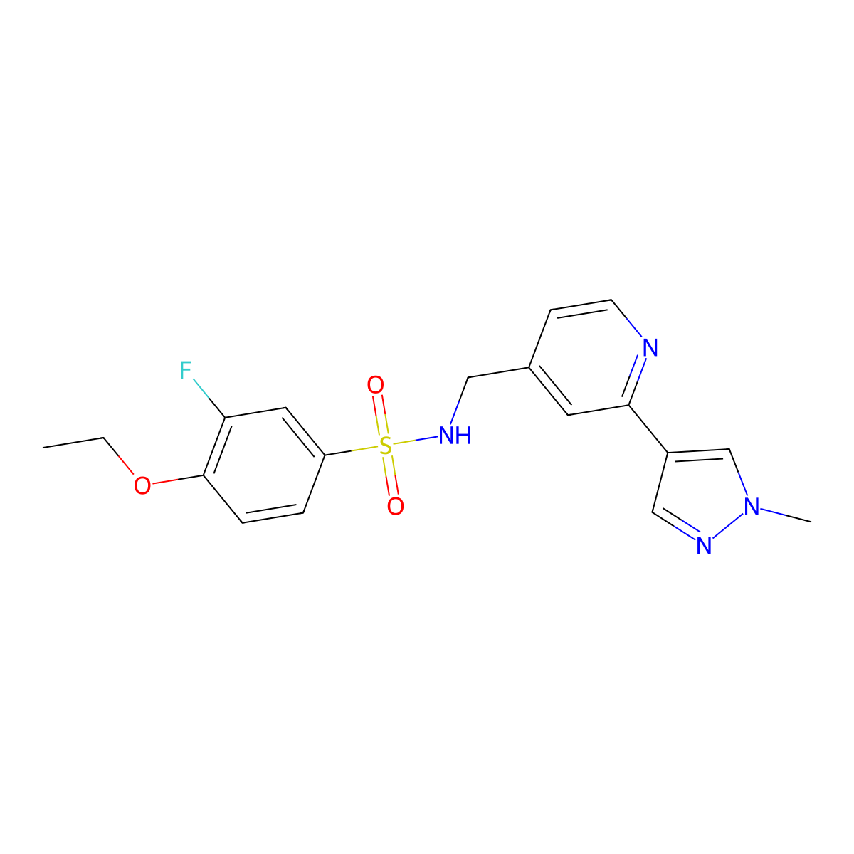 4-ethoxy-3-fluoro-N-((2-(1-methyl-1H-pyrazol-4-yl)pyridin-4-yl)methyl)benzenesulfonamide molecular structure, CAS 2034536-99-5