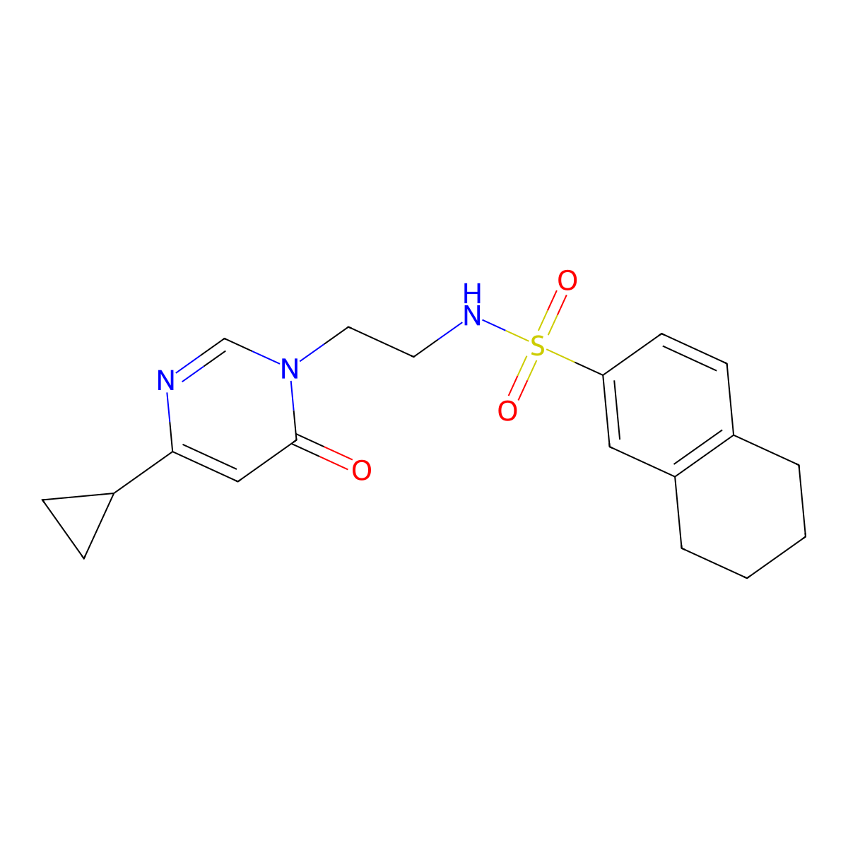 N-(2-(4-cyclopropyl-6-oxopyrimidin-1(6H)-yl)ethyl)-5,6,7,8-tetrahydronaphthalene-2-sulfonamide molecular structure, CAS 2034537-06-7