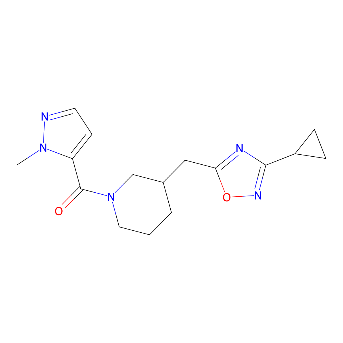 3-[(3-cyclopropyl-1,2,4-oxadiazol-5-yl)methyl]-1-(1-methyl-1H-pyrazole-5-carbonyl)piperidine molecular structure, CAS 2034537-07-8