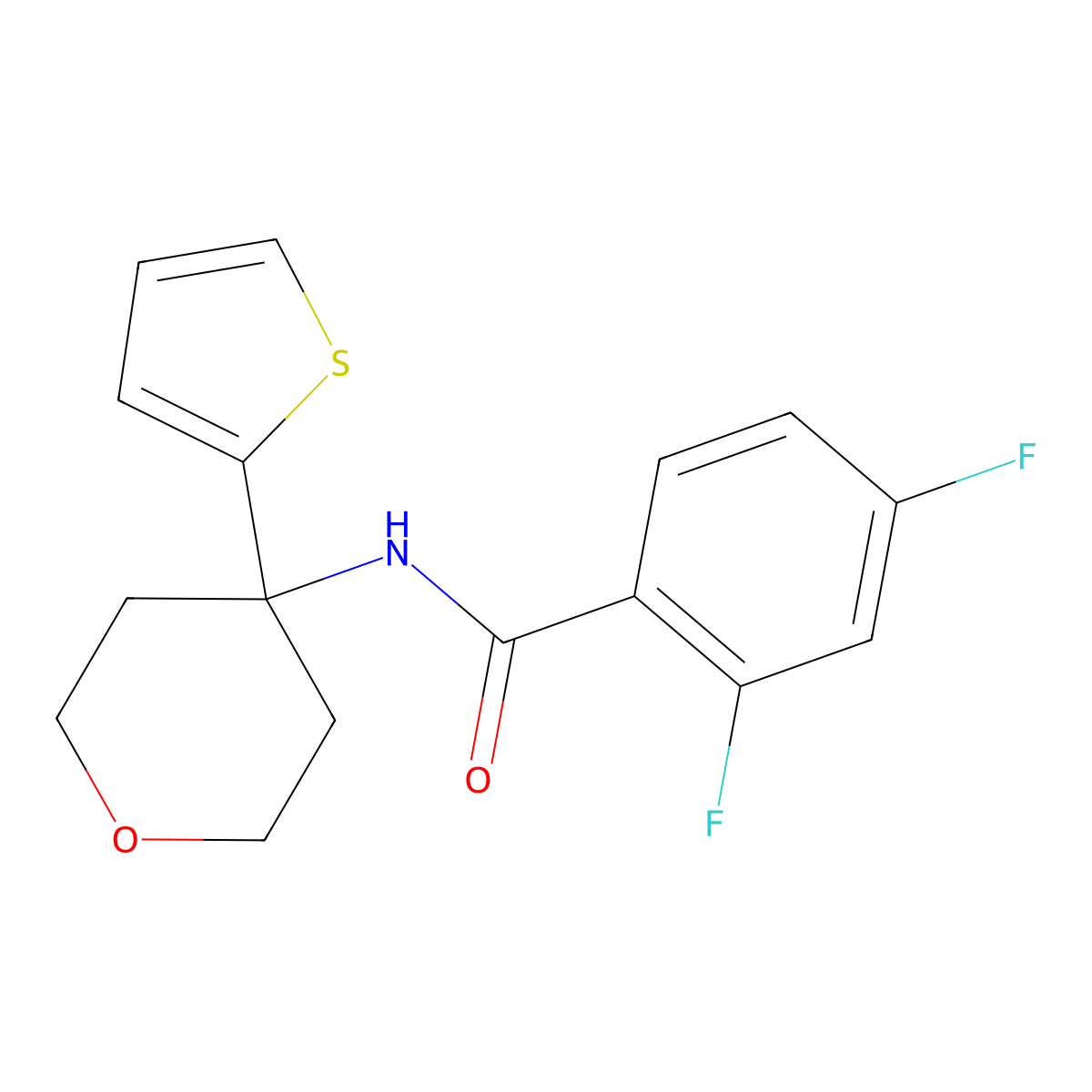 2,4-difluoro-N-(4-(thiophen-2-yl)tetrahydro-2H-pyran-4-yl)benzamide molecular structure, CAS 2034537-09-0