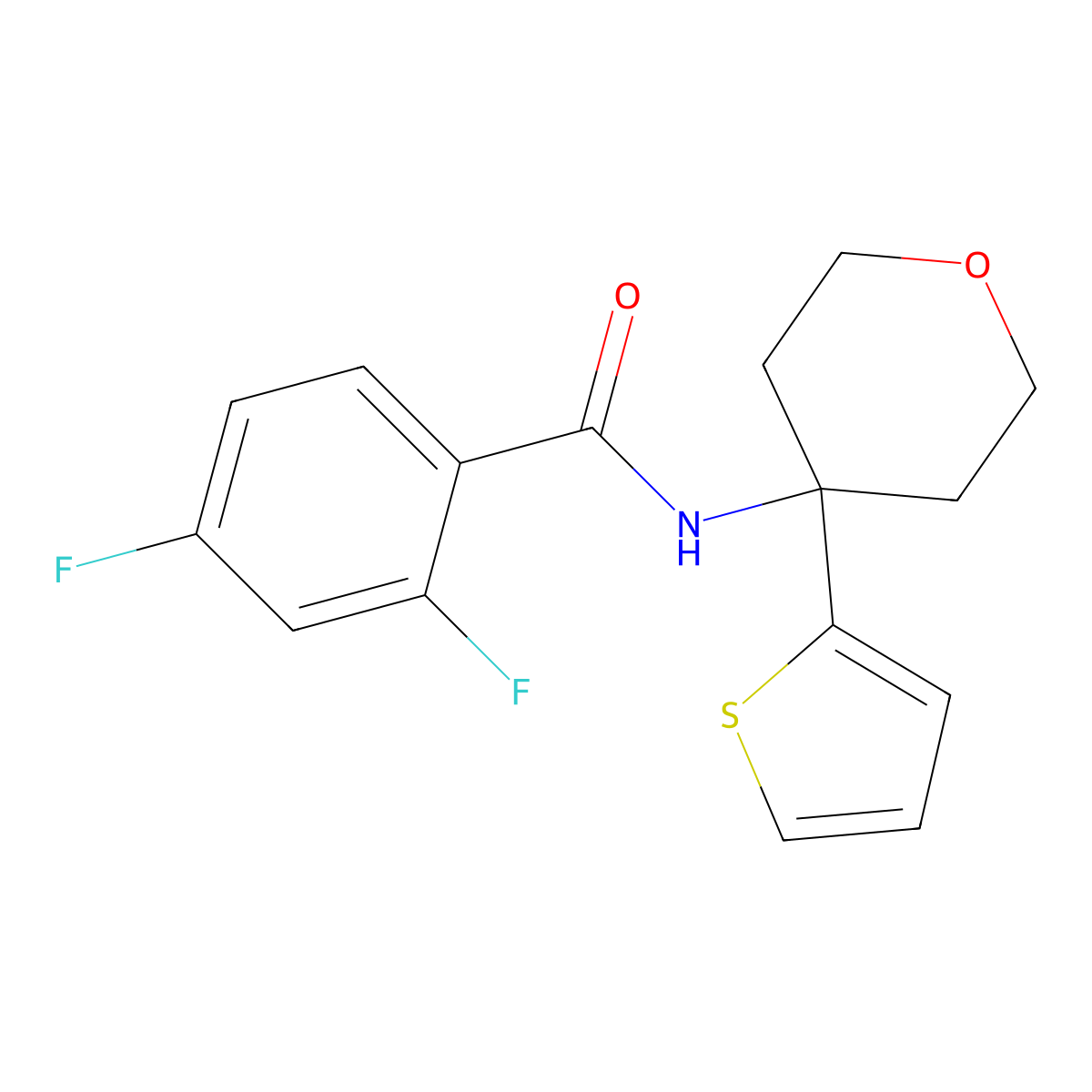 2,4-difluoro-N-(4-(thiophen-2-yl)tetrahydro-2H-pyran-4-yl)benzamide molecular structure, CAS 2034537-09-0