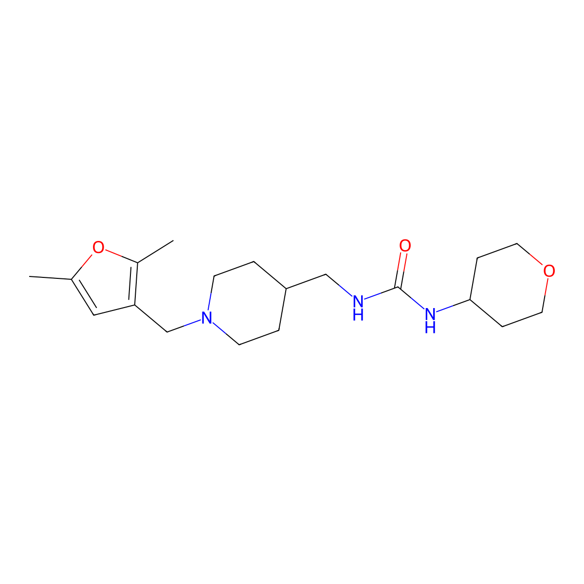 1-((1-((2,5-dimethylfuran-3-yl)methyl)piperidin-4-yl)methyl)-3-(tetrahydro-2H-pyran-4-yl)urea molecular structure, CAS 2034537-10-3
