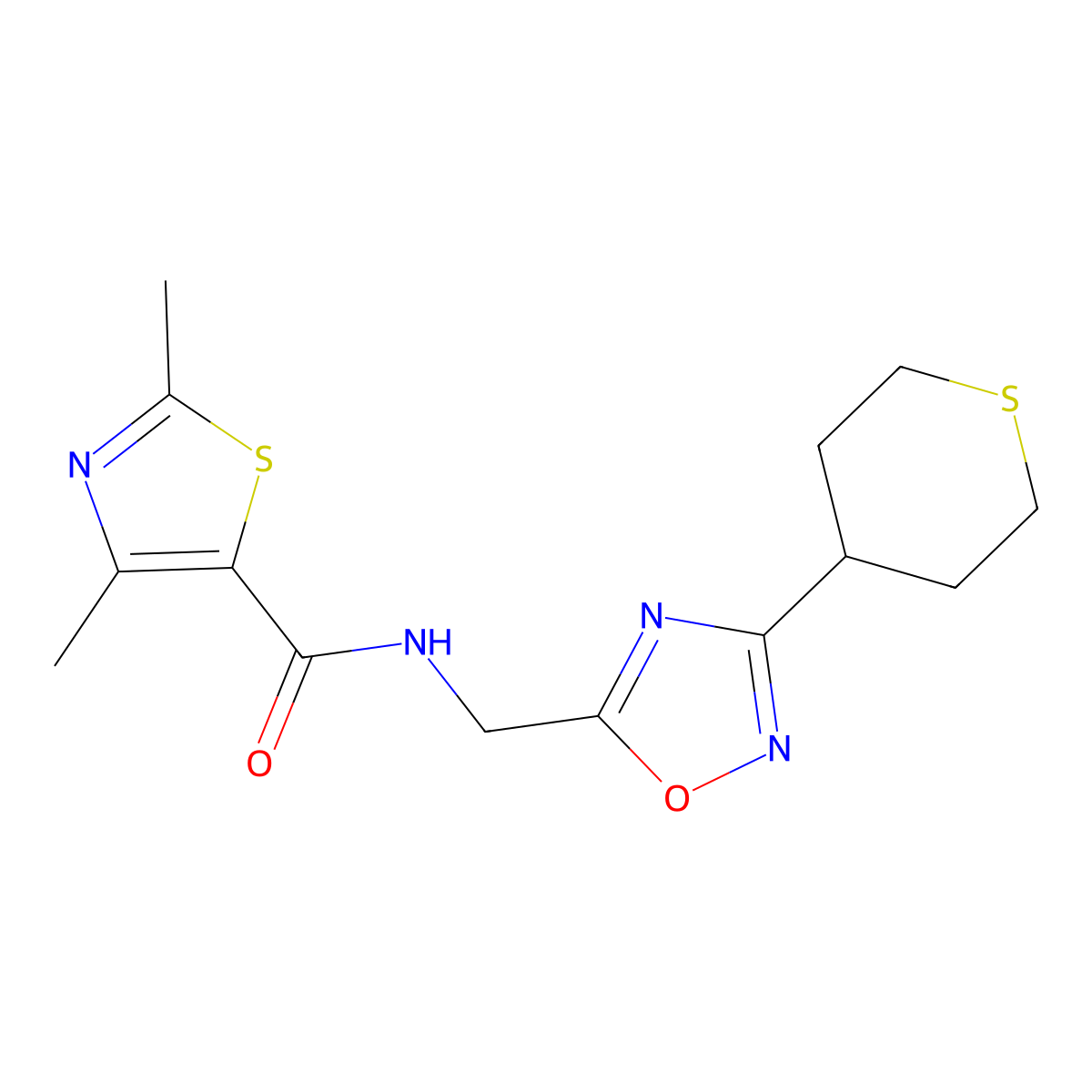 2,4-dimethyl-N-((3-(tetrahydro-2H-thiopyran-4-yl)-1,2,4-oxadiazol-5-yl)methyl)thiazole-5-carboxamide molecular structure, CAS 2034537-13-6