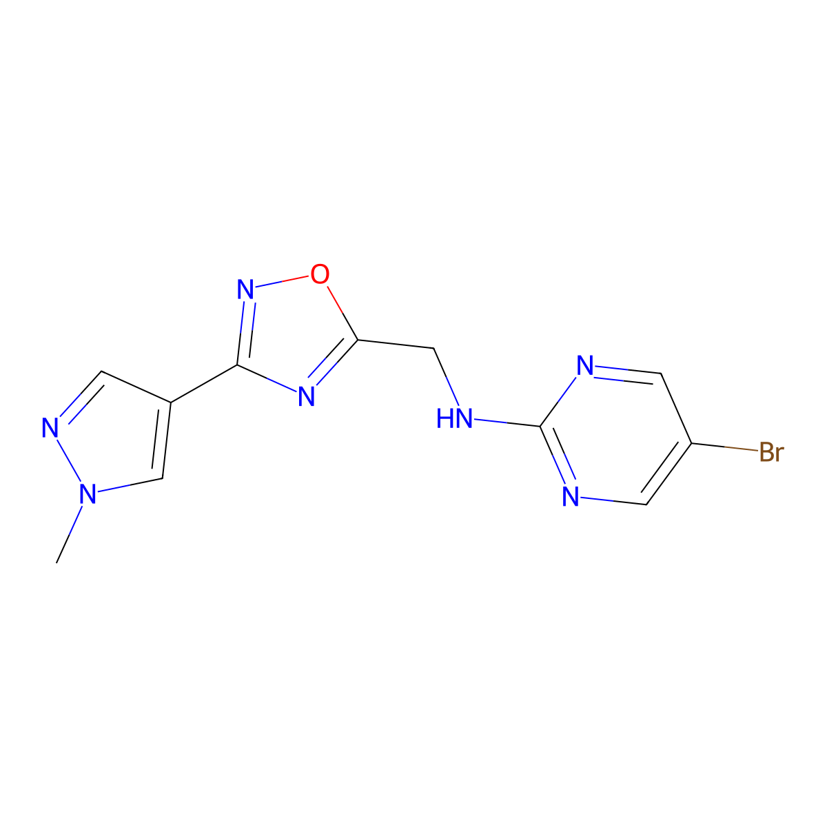 5-bromo-N-{[3-(1-methyl-1H-pyrazol-4-yl)-1,2,4-oxadiazol-5-yl]methyl}pyrimidin-2-amine molecular structure, CAS 2034537-16-9