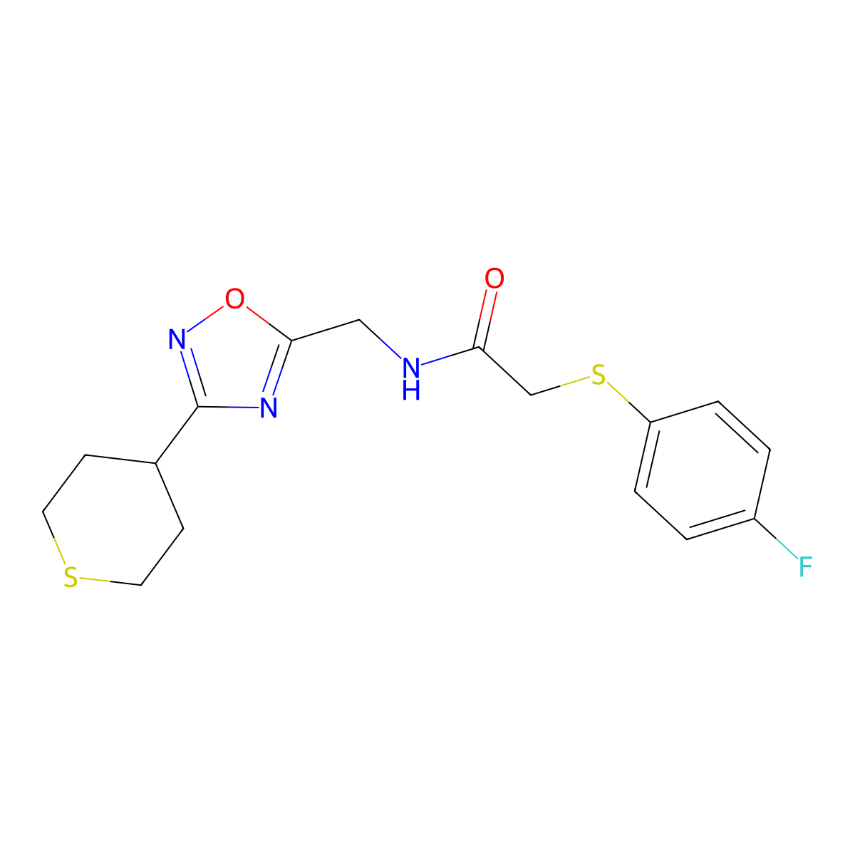 2-((4-fluorophenyl)thio)-N-((3-(tetrahydro-2H-thiopyran-4-yl)-1,2,4-oxadiazol-5-yl)methyl)acetamide molecular structure, CAS 2034537-20-5