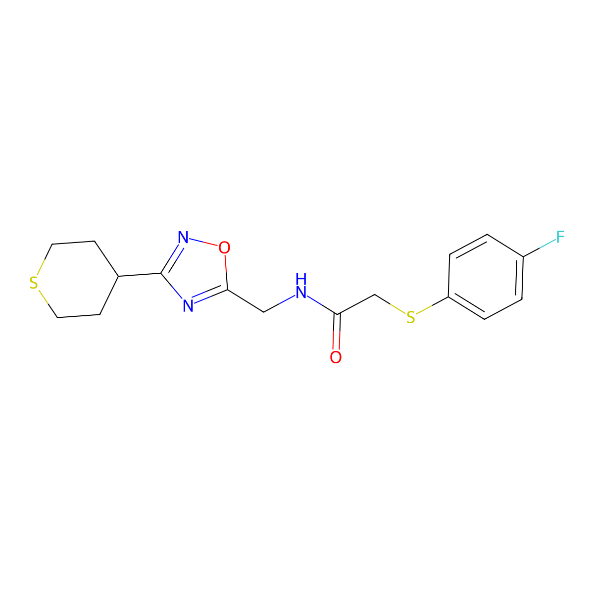 2-((4-fluorophenyl)thio)-N-((3-(tetrahydro-2H-thiopyran-4-yl)-1,2,4-oxadiazol-5-yl)methyl)acetamide molecular structure, CAS 2034537-20-5