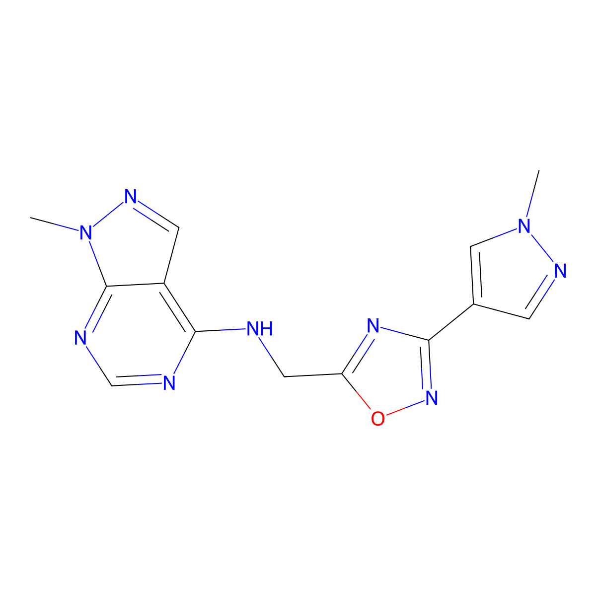 1-methyl-N-{[3-(1-methyl-1H-pyrazol-4-yl)-1,2,4-oxadiazol-5-yl]methyl}-1H-pyrazolo[3,4-d]pyrimidin-4-amine molecular structure, CAS 2034537-24-9