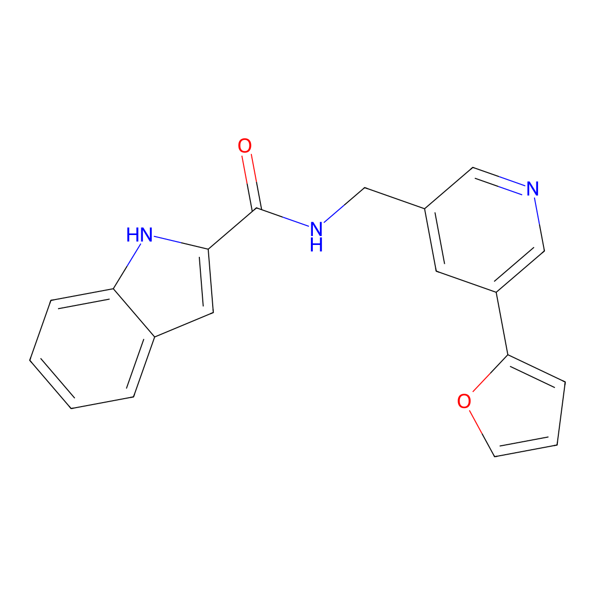 N-((5-(furan-2-yl)pyridin-3-yl)methyl)-1H-indole-2-carboxamide molecular structure, CAS 2034537-25-0