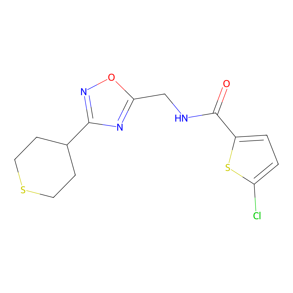5-chloro-N-((3-(tetrahydro-2H-thiopyran-4-yl)-1,2,4-oxadiazol-5-yl)methyl)thiophene-2-carboxamide molecular structure, CAS 2034537-27-2
