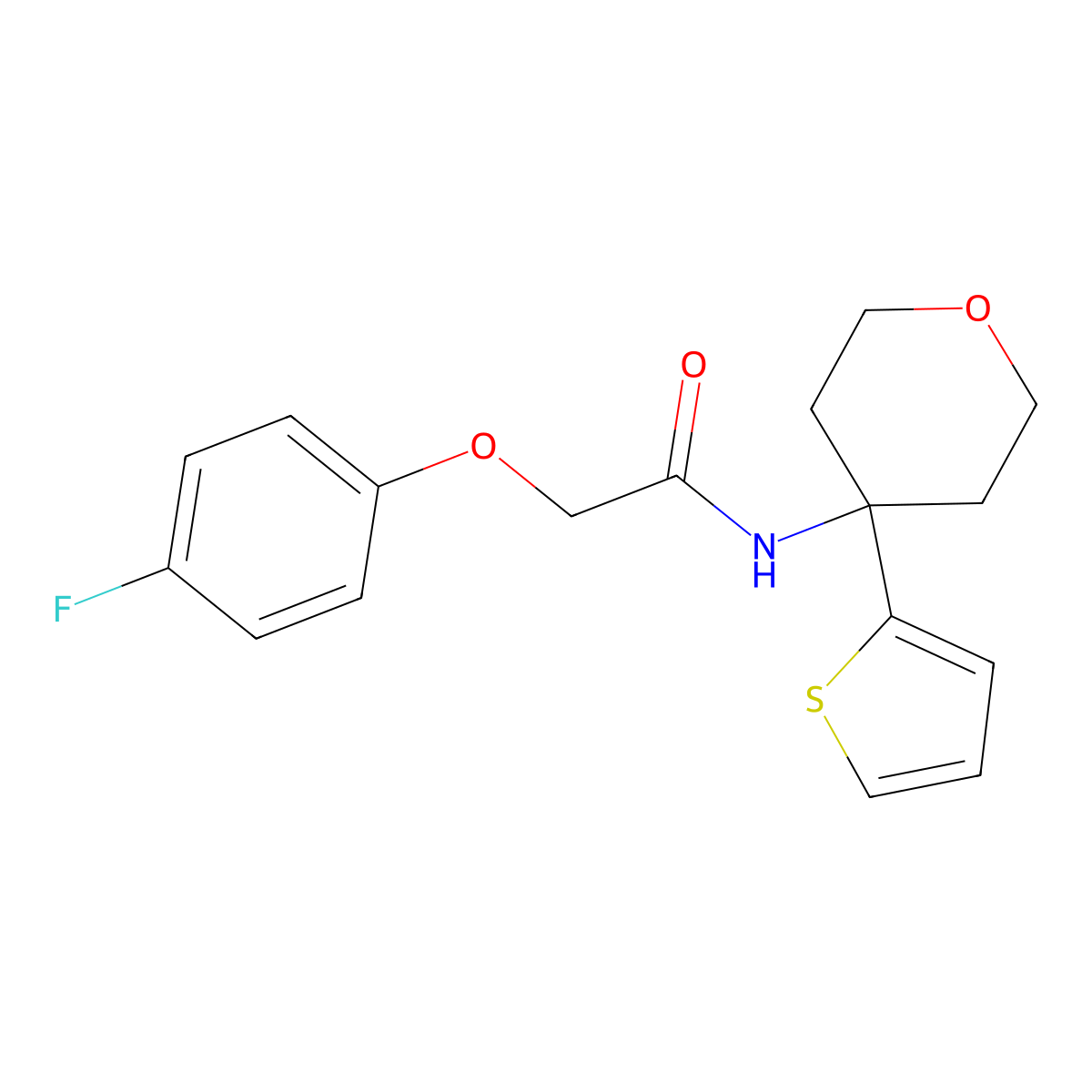 2-(4-fluorophenoxy)-N-(4-(thiophen-2-yl)tetrahydro-2H-pyran-4-yl)acetamide molecular structure, CAS 2034537-28-3