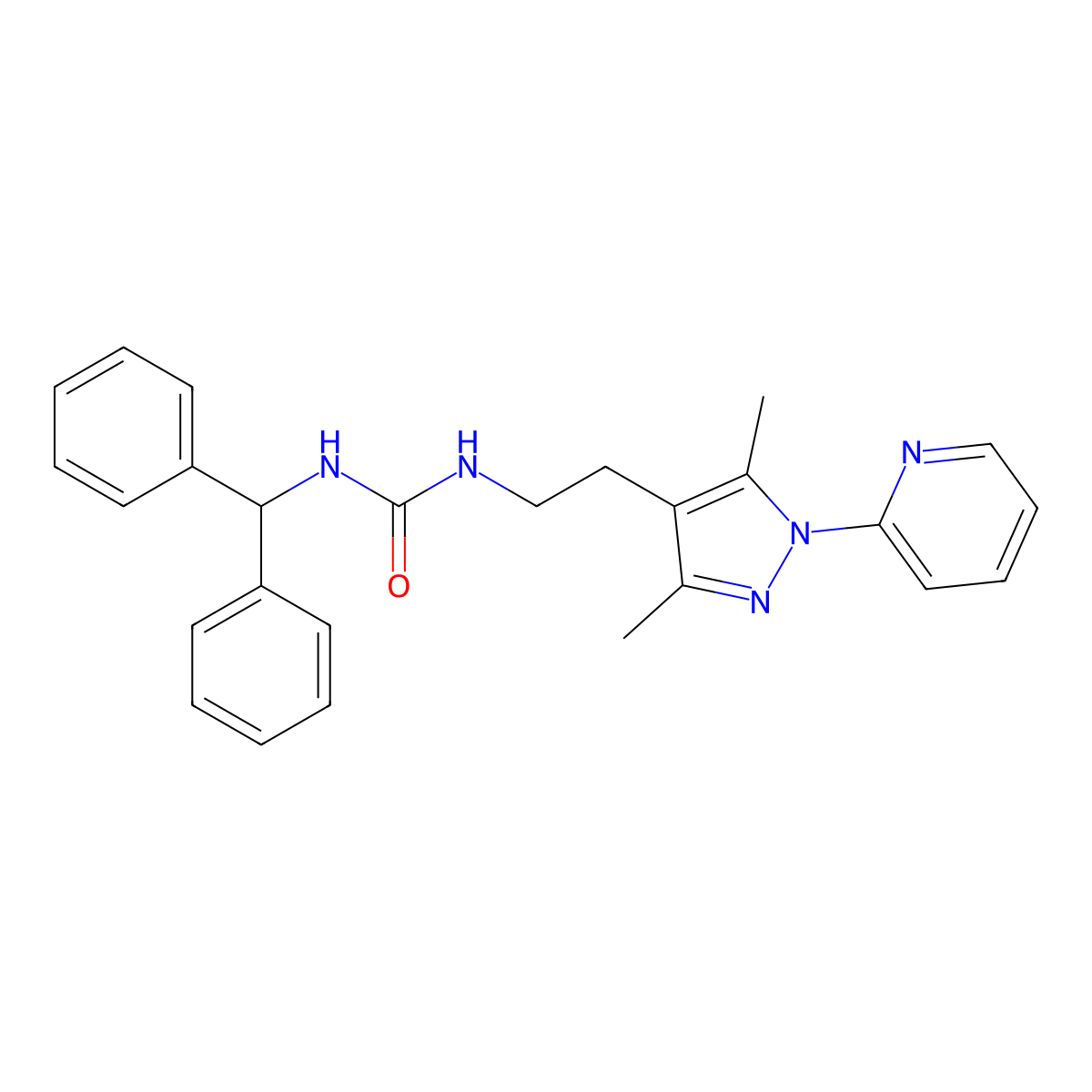 1-benzhydryl-3-(2-(3,5-dimethyl-1-(pyridin-2-yl)-1H-pyrazol-4-yl)ethyl)urea molecular structure, CAS 2034537-29-4