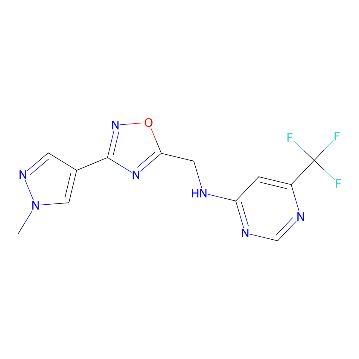 N-{[3-(1-methyl-1H-pyrazol-4-yl)-1,2,4-oxadiazol-5-yl]methyl}-6-(trifluoromethyl)pyrimidin-4-amine molecular structure, CAS 2034537-32-9