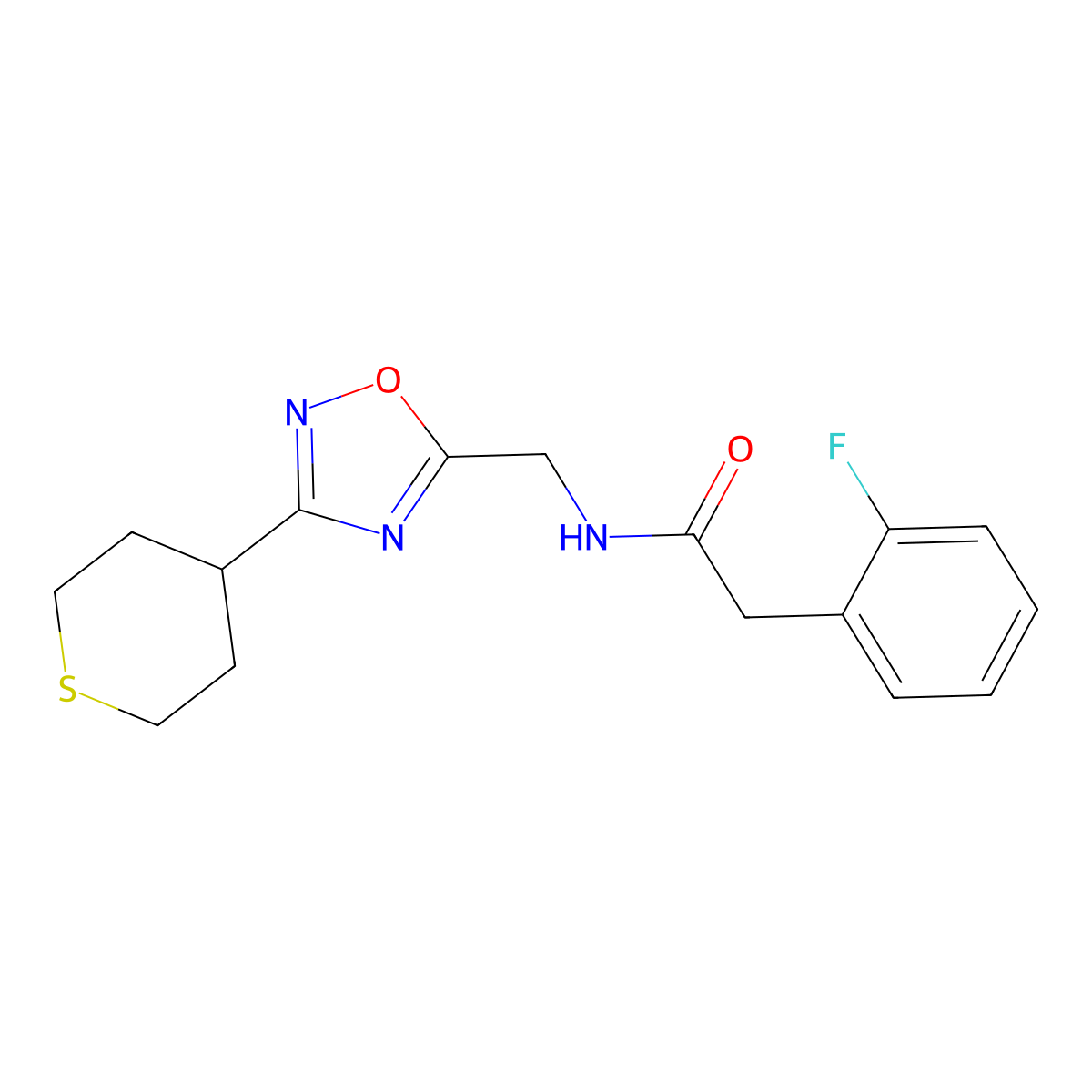 2-(2-fluorophenyl)-N-((3-(tetrahydro-2H-thiopyran-4-yl)-1,2,4-oxadiazol-5-yl)methyl)acetamide molecular structure, CAS 2034537-37-4
