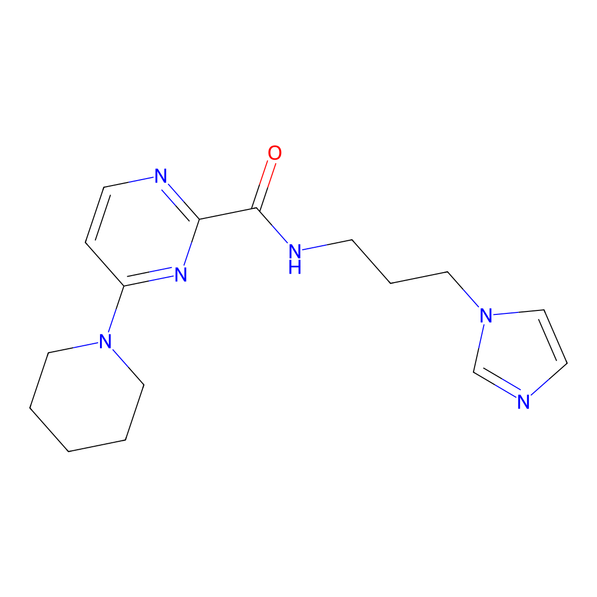N-[3-(1H-imidazol-1-yl)propyl]-4-(piperidin-1-yl)pyrimidine-2-carboxamide molecular structure, CAS 2034537-42-1