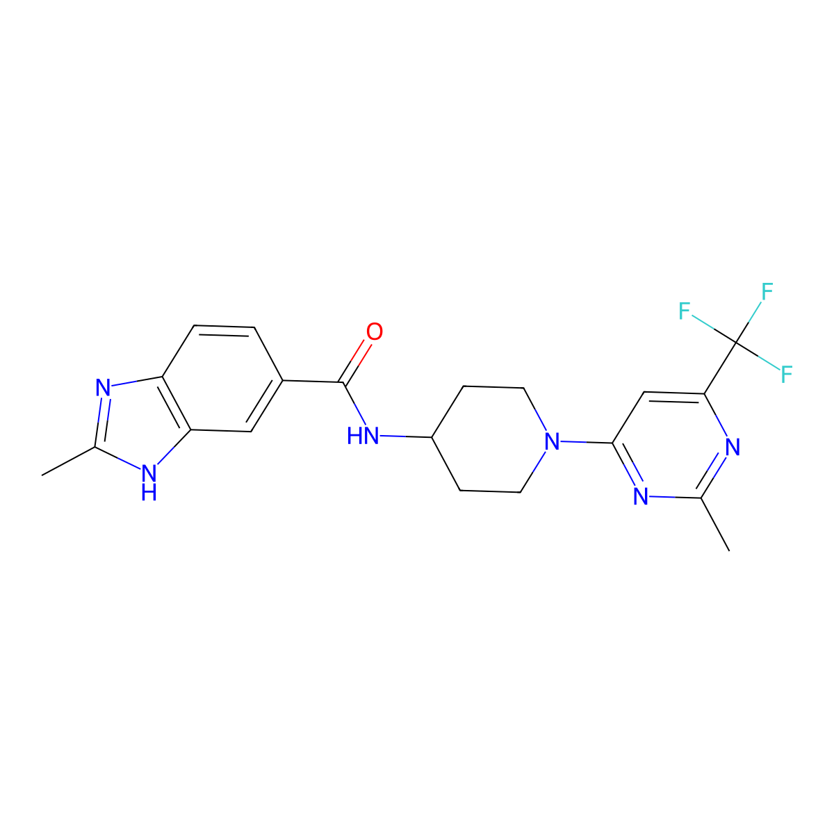 2-methyl-N-(1-(2-methyl-6-(trifluoromethyl)pyrimidin-4-yl)piperidin-4-yl)-1H-benzo[d]imidazole-6-carboxamide molecular structure, CAS 2034537-48-7